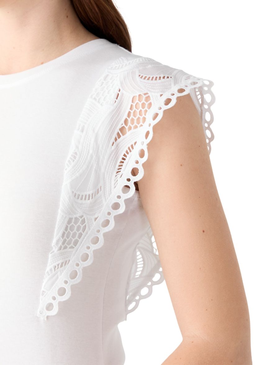 Womens Short Lace Sleeve Crew Neck Knit Top