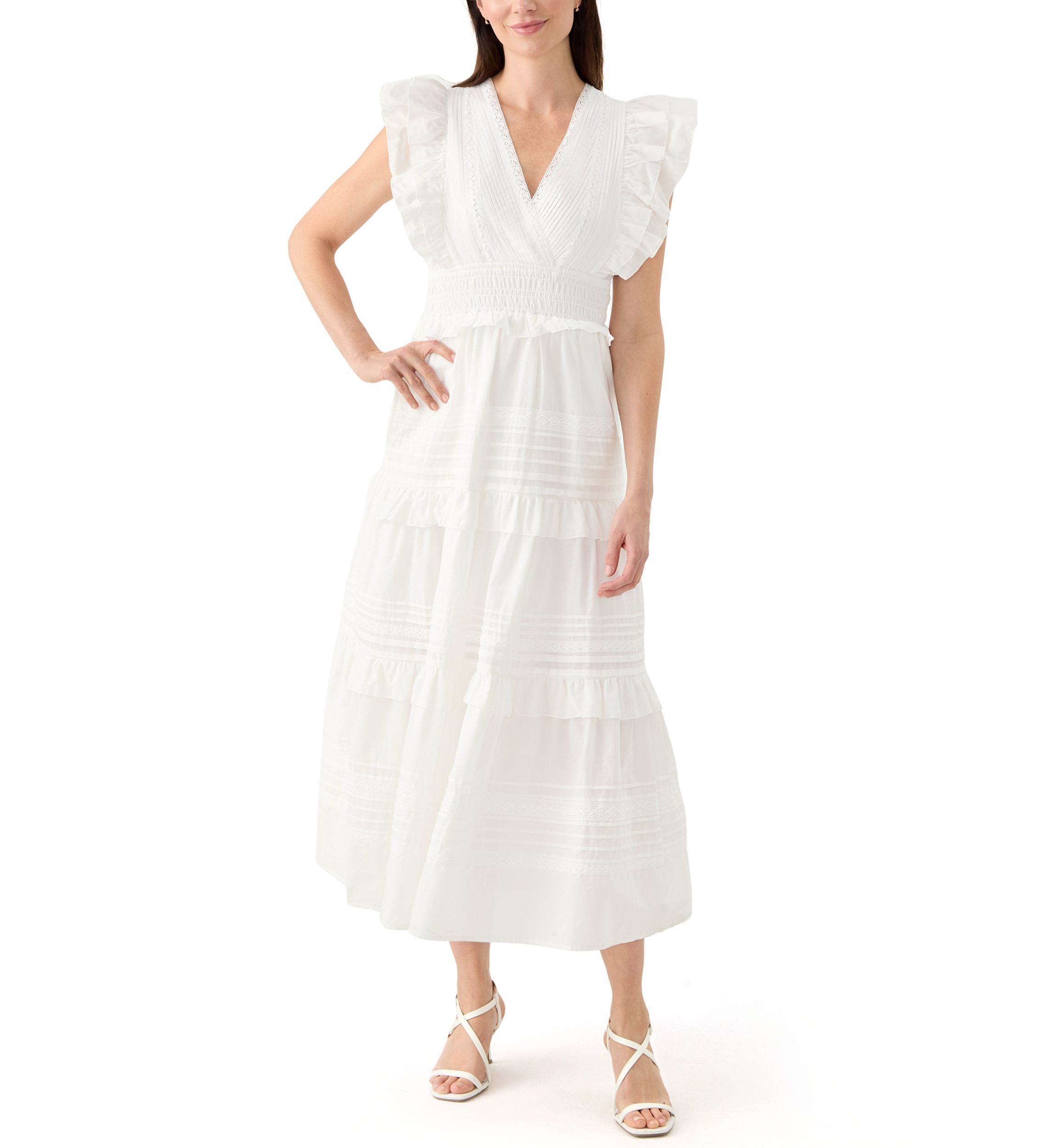 Womens Flutter Sleeve V-Neck Tiered Dress