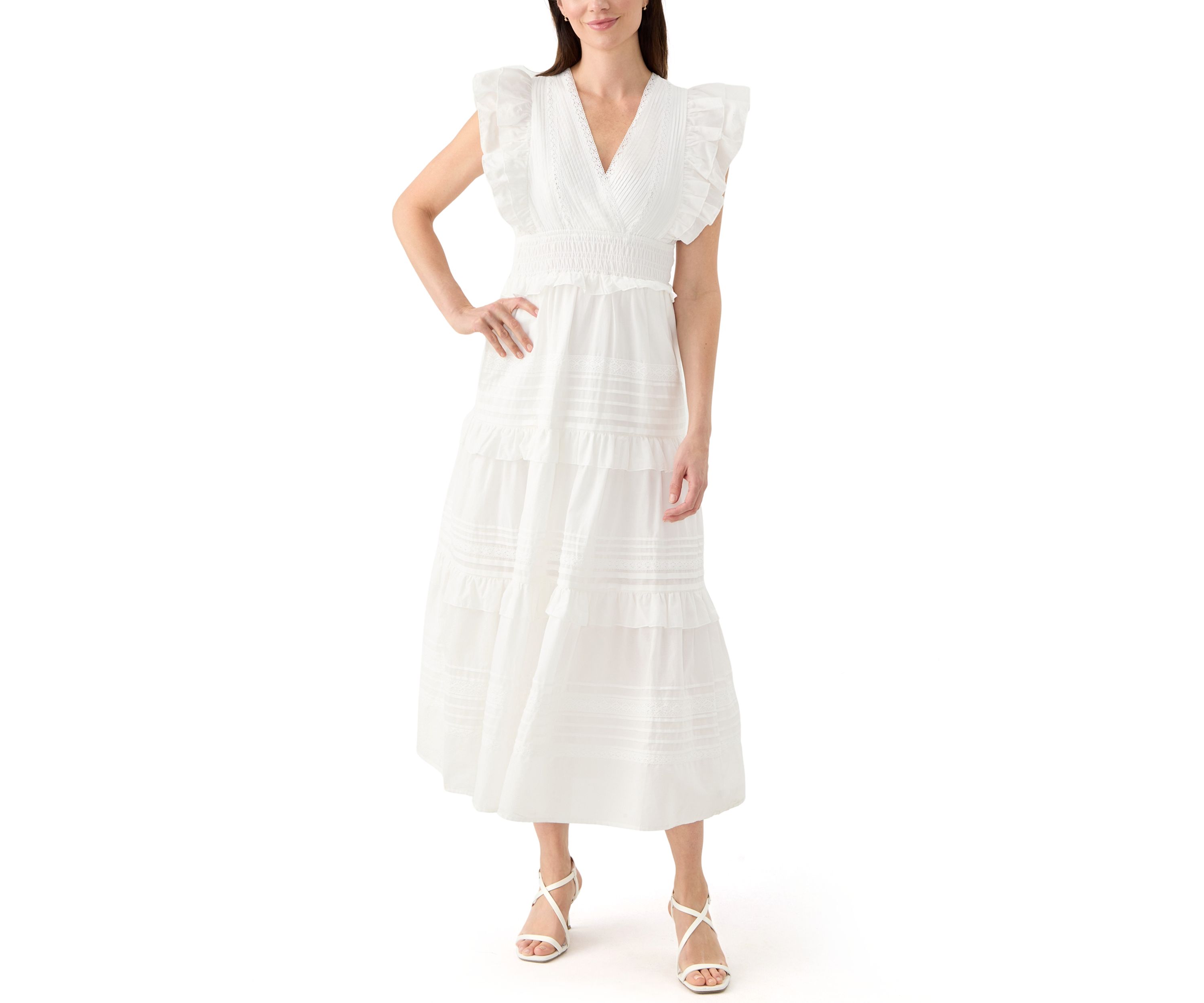 Womens Flutter Sleeve V-Neck Tiered Dress