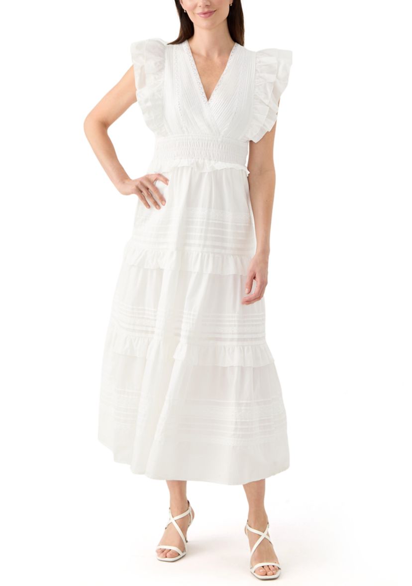 Womens Flutter Sleeve V-Neck Tiered Dress