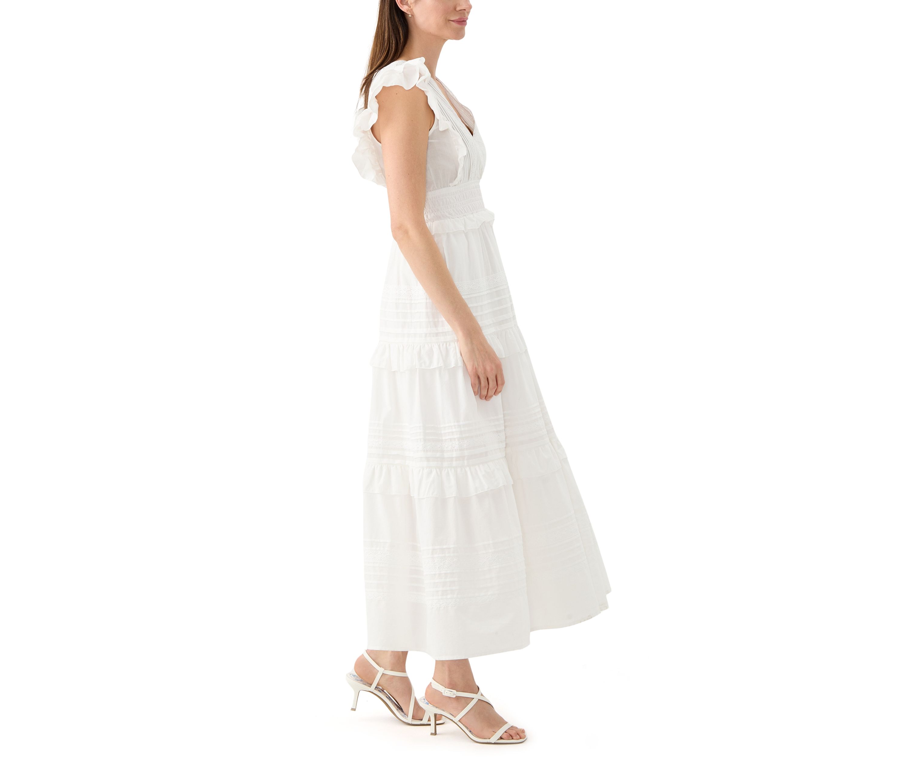 Womens Flutter Sleeve V-Neck Tiered Dress