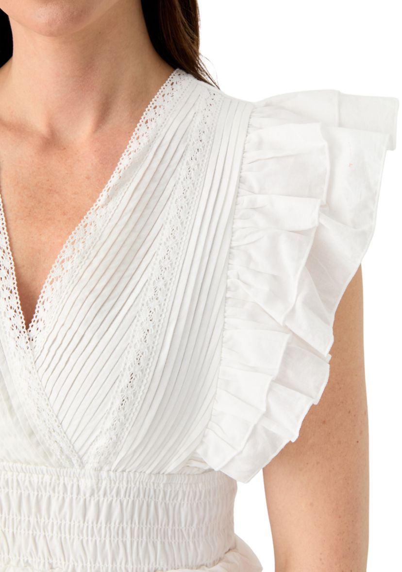 Womens Flutter Sleeve V-Neck Tiered Dress