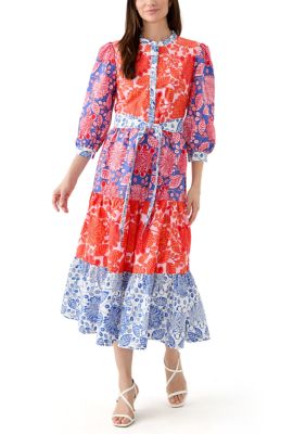 Womens Blouson Sleeve Printed Tiered Dress