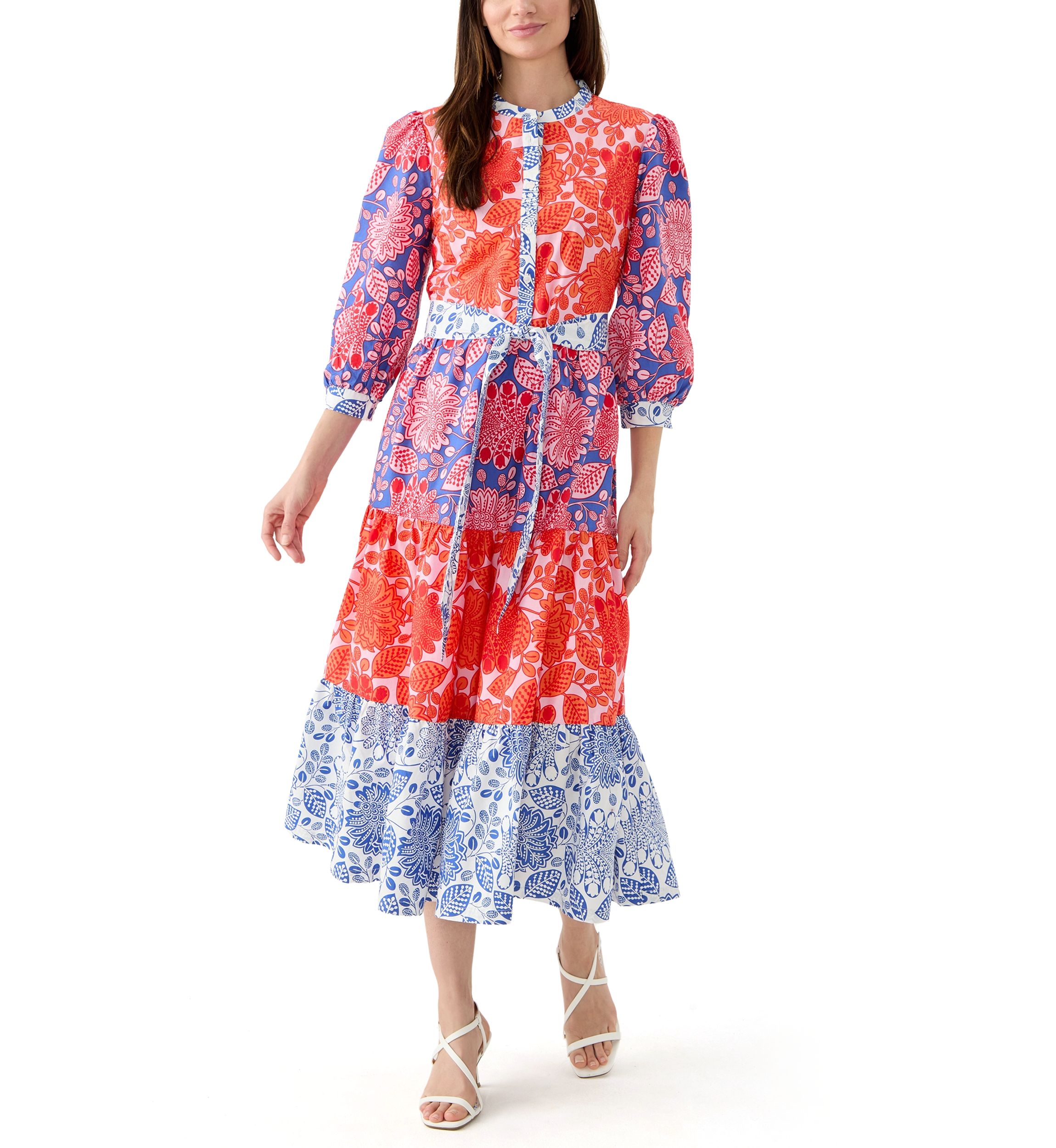 Womens Blouson Sleeve Printed Tiered Dress
