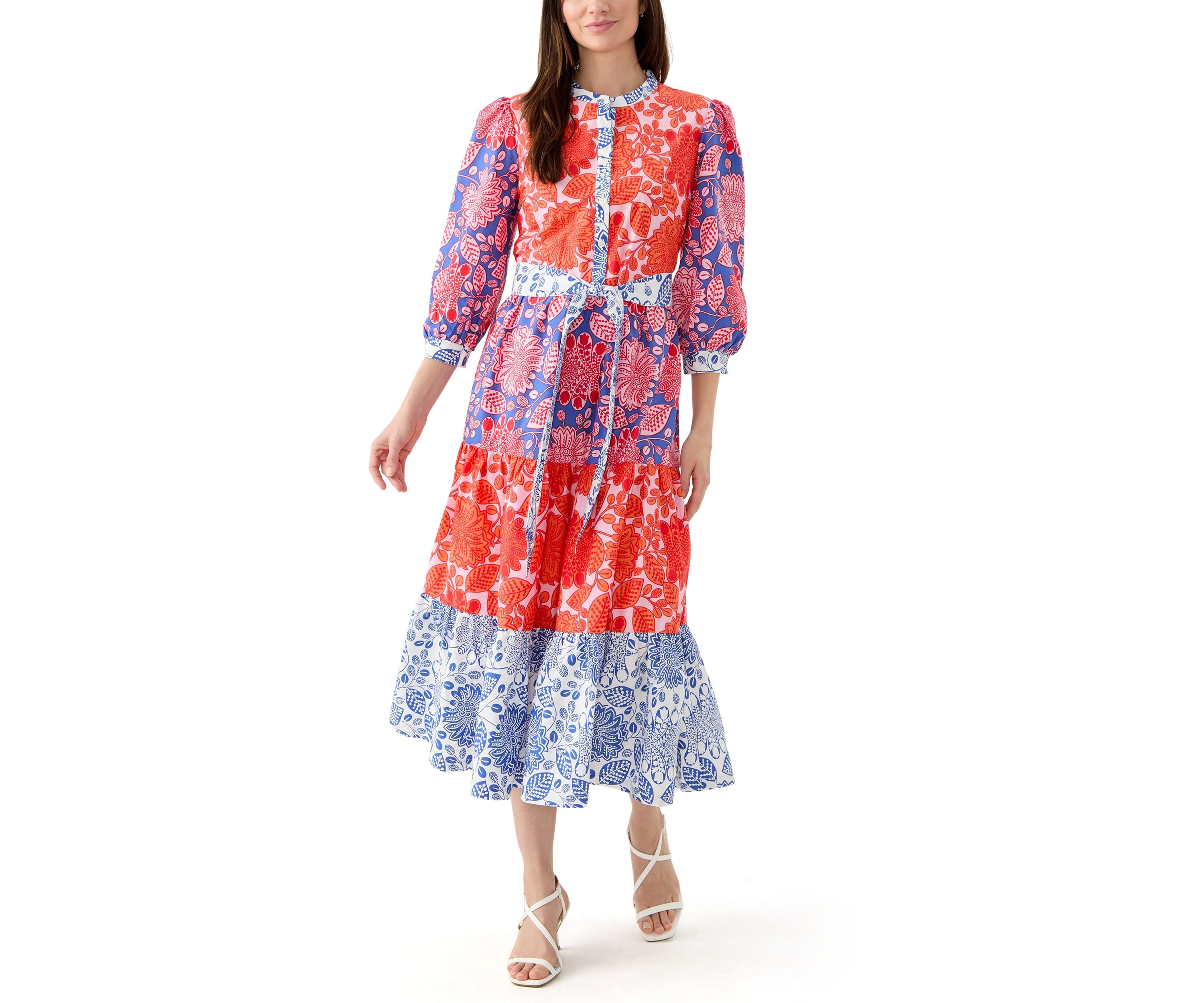 Womens Blouson Sleeve Printed Tiered Dress