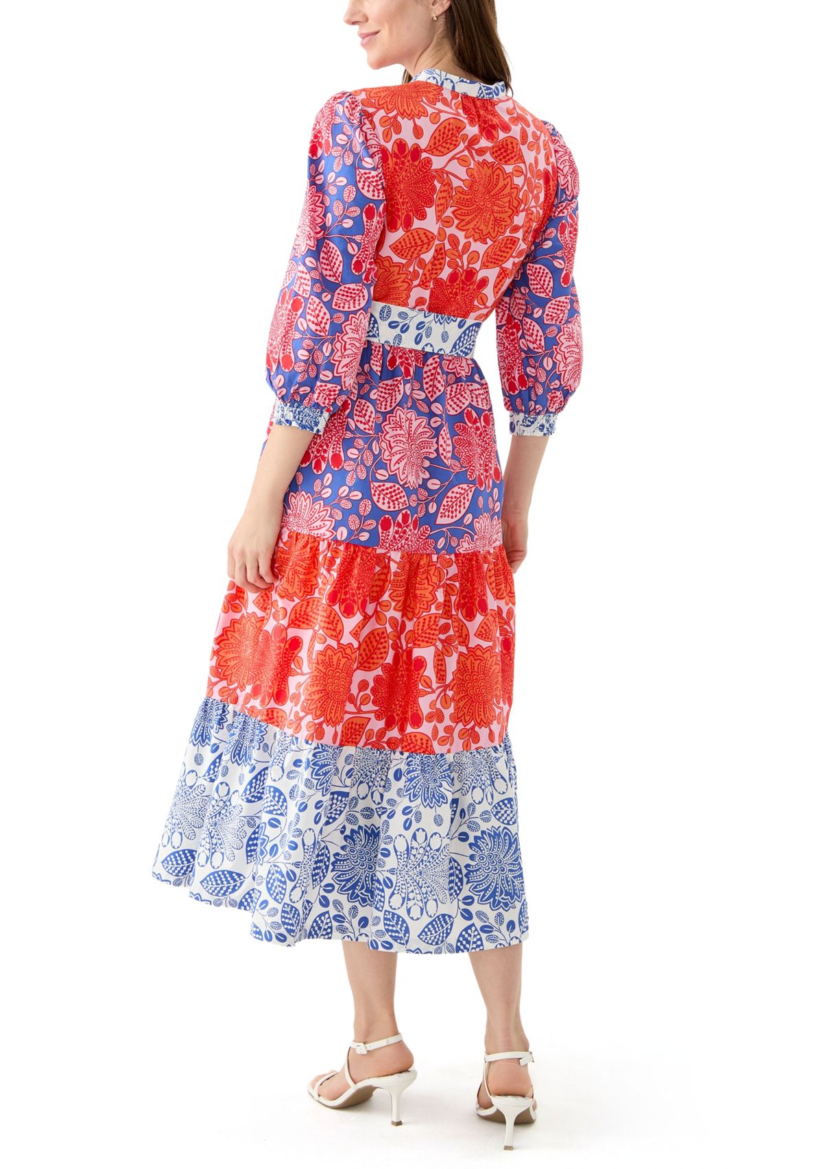 Womens Blouson Sleeve Printed Tiered Dress