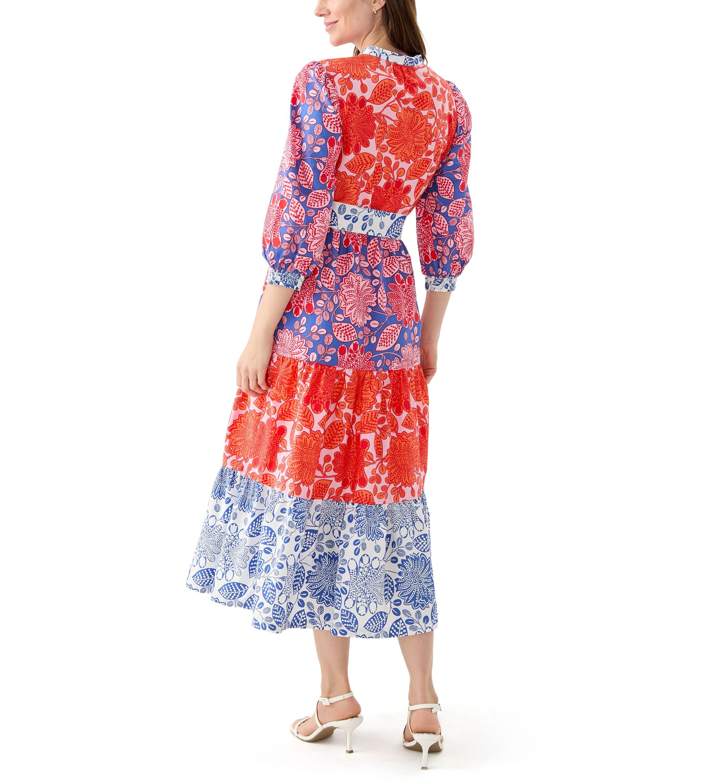 Womens Blouson Sleeve Printed Tiered Dress