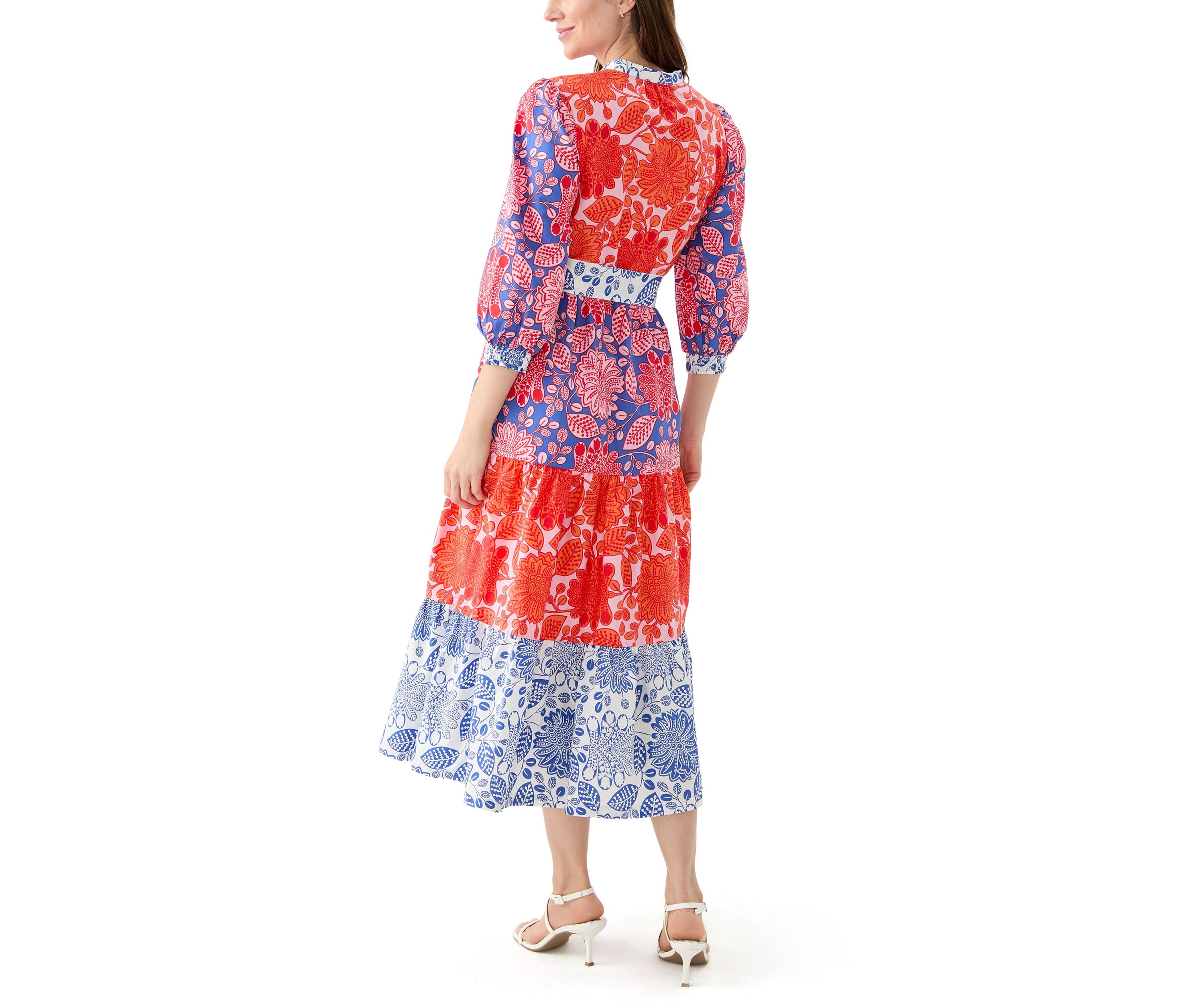Womens Blouson Sleeve Printed Tiered Dress