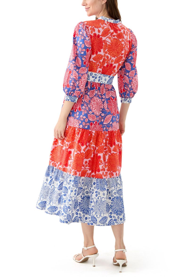 Womens Blouson Sleeve Printed Tiered Dress