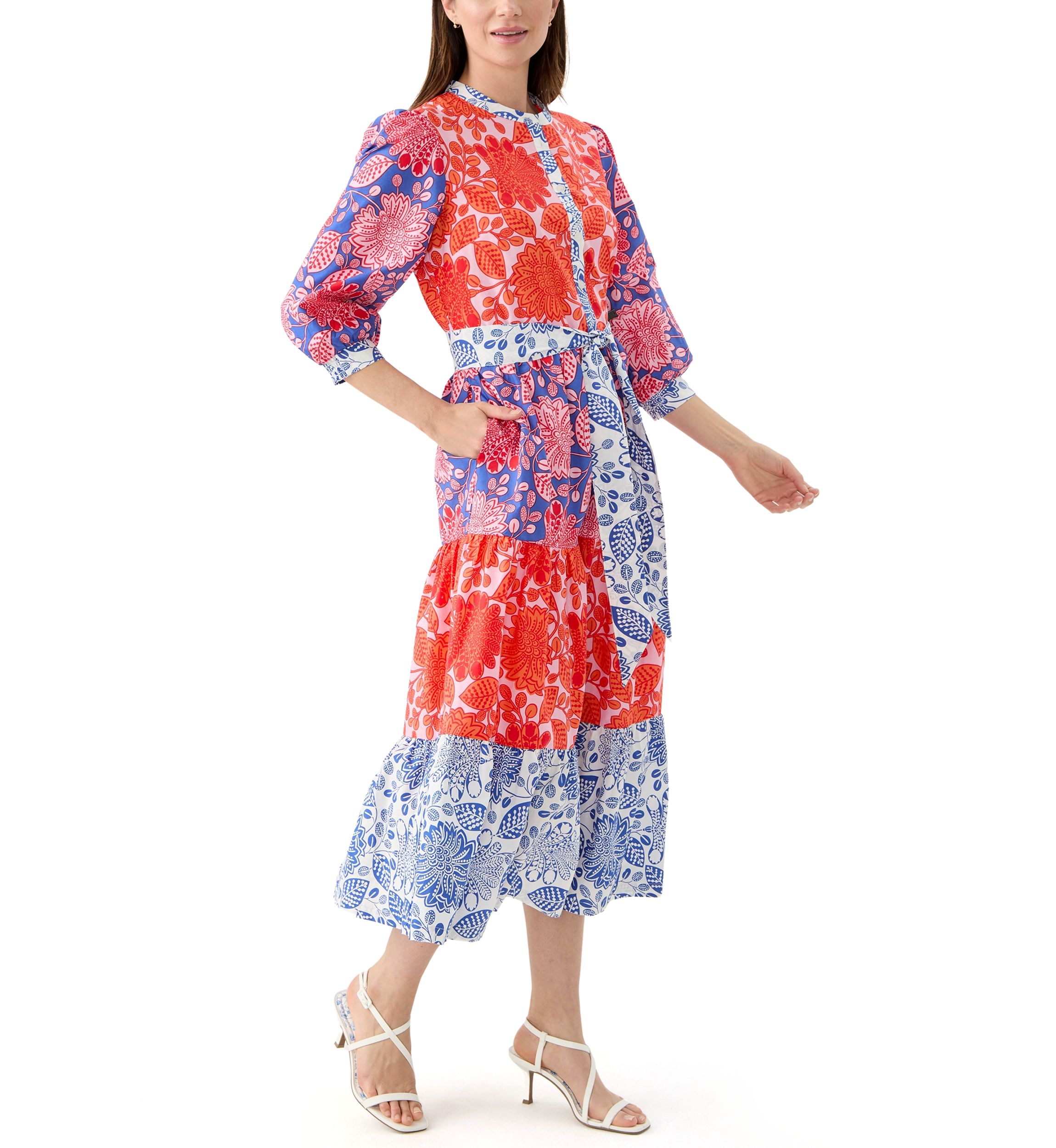 Womens Blouson Sleeve Printed Tiered Dress