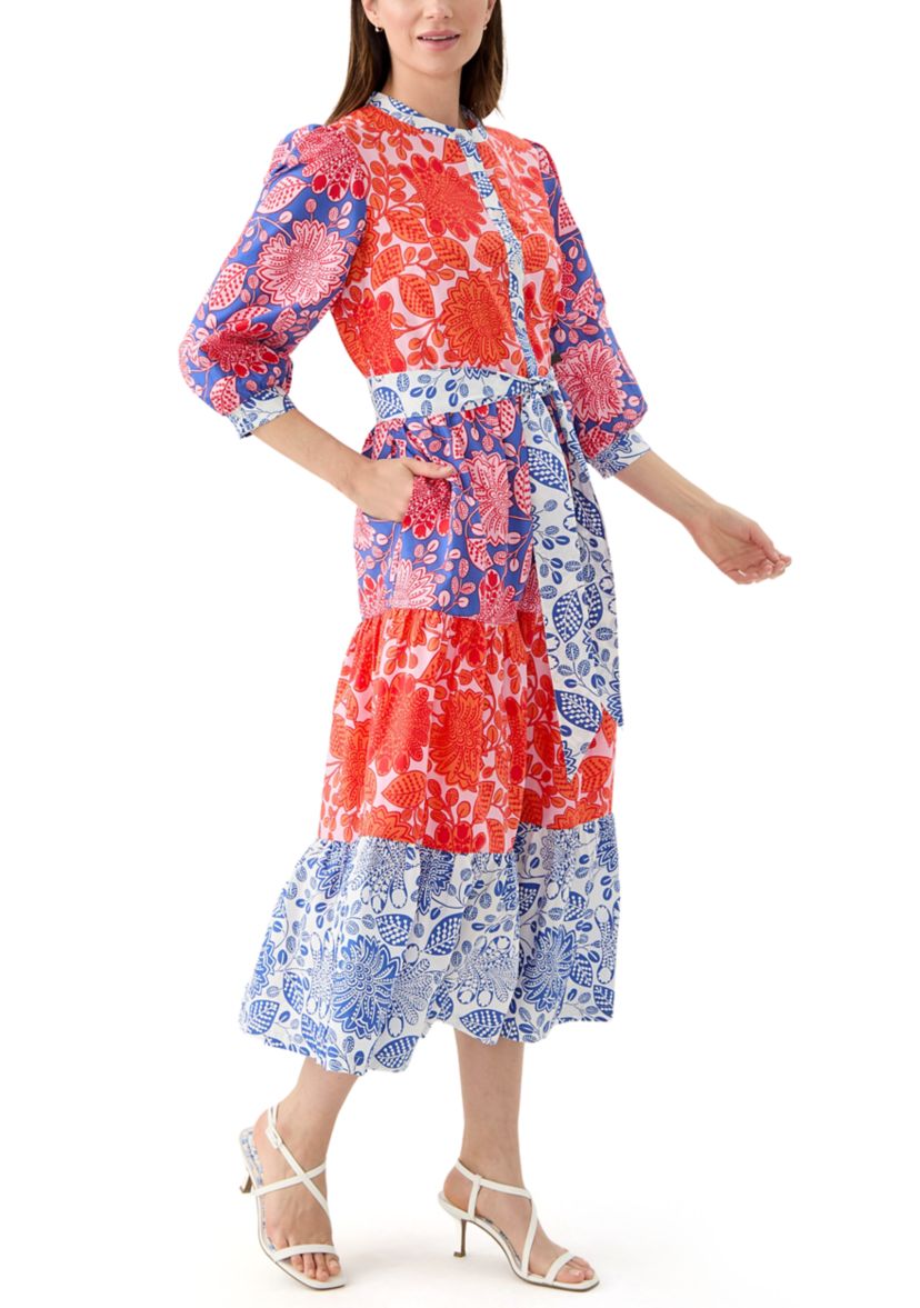 Womens Blouson Sleeve Printed Tiered Dress