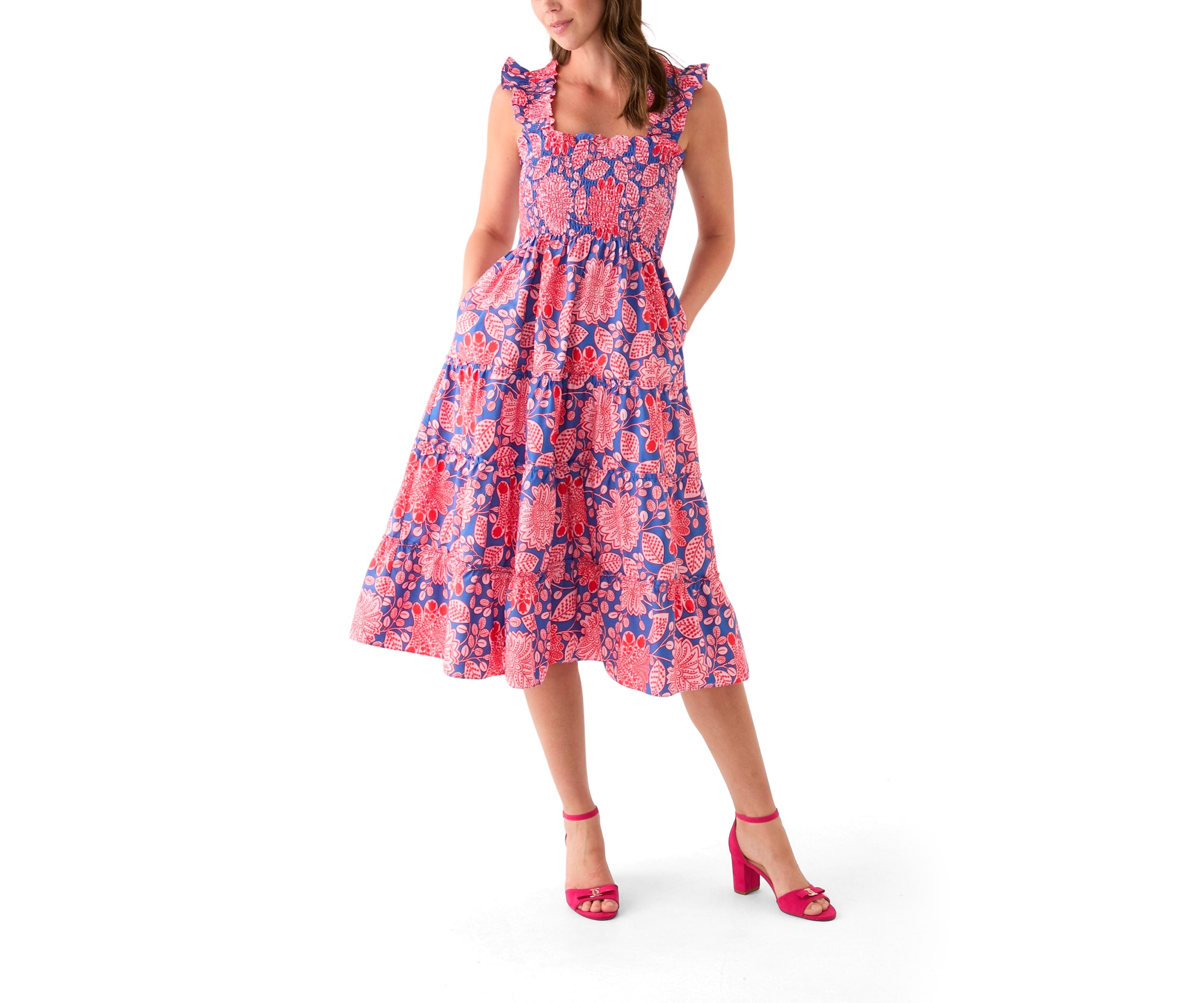 Womens Square Neck Printed Smocked Dress