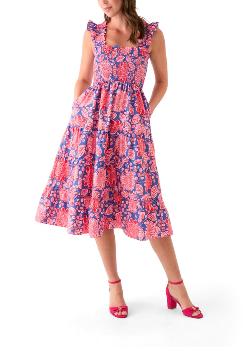 Womens Square Neck Printed Smocked Dress