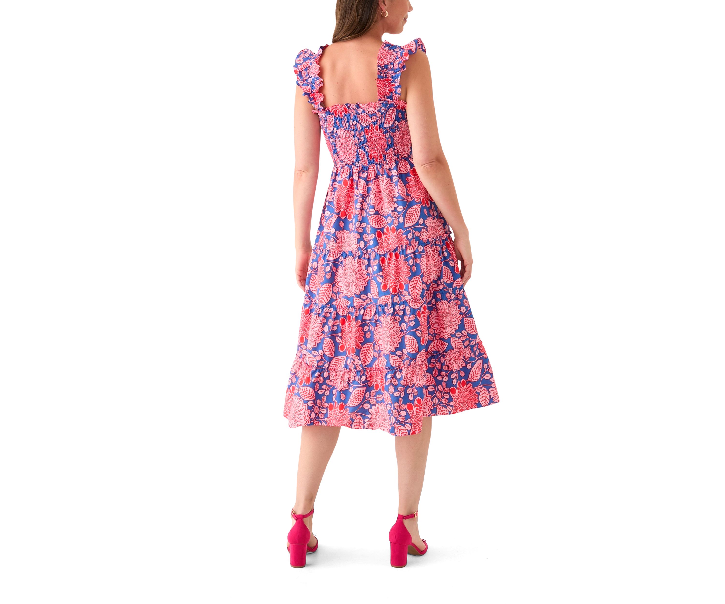 Womens Square Neck Printed Smocked Dress