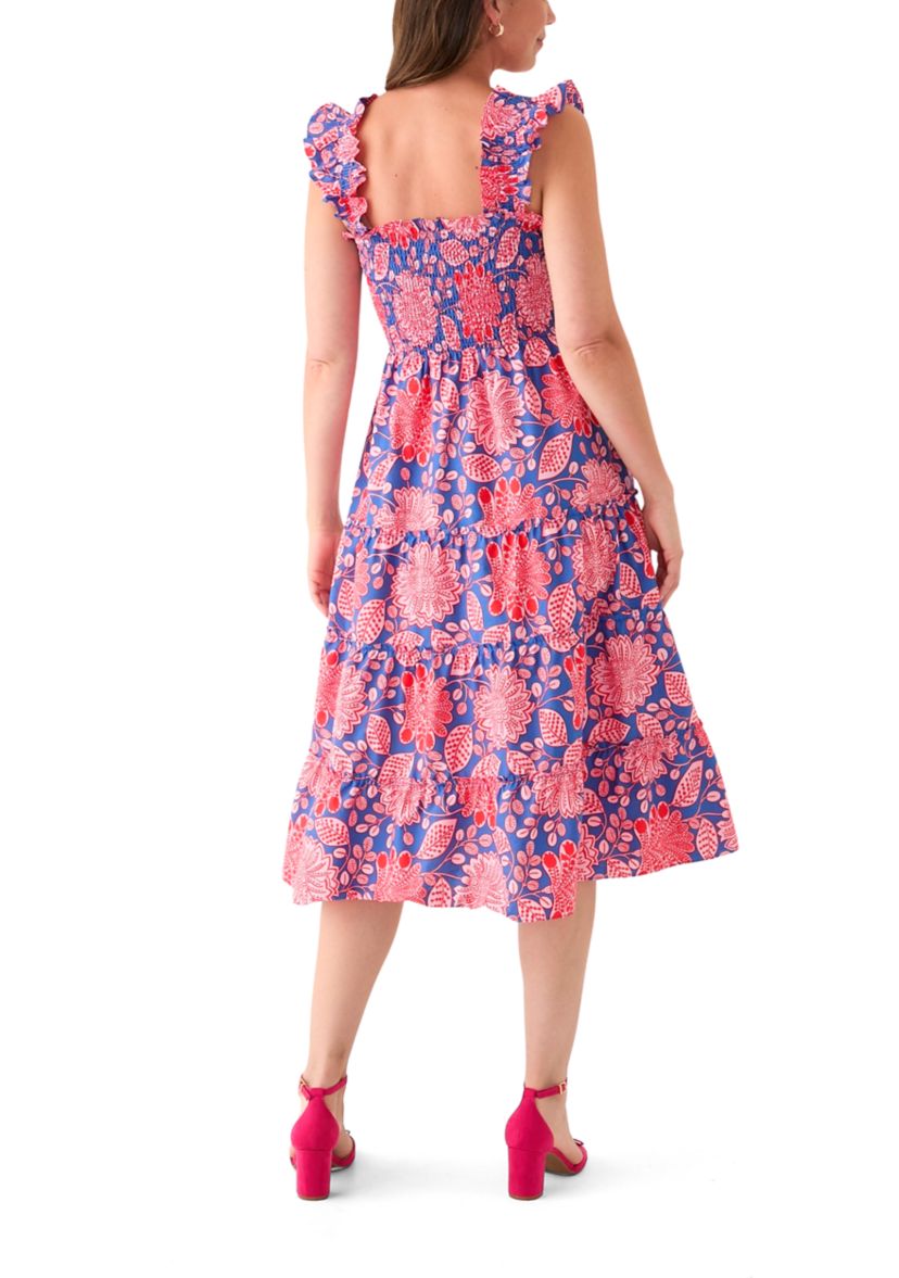 Womens Square Neck Printed Smocked Dress