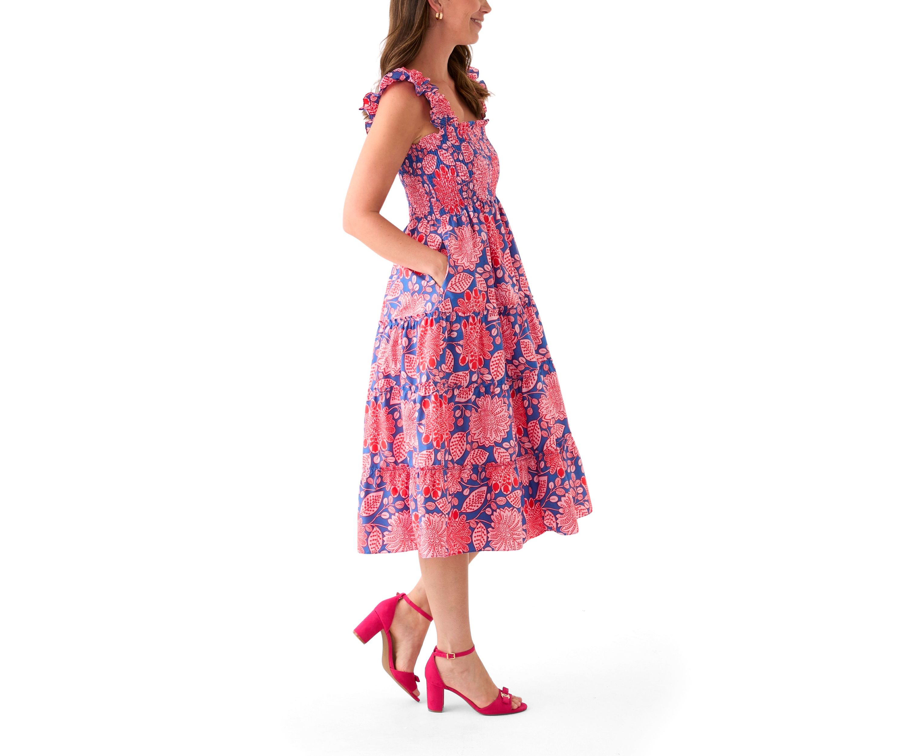 Womens Square Neck Printed Smocked Dress