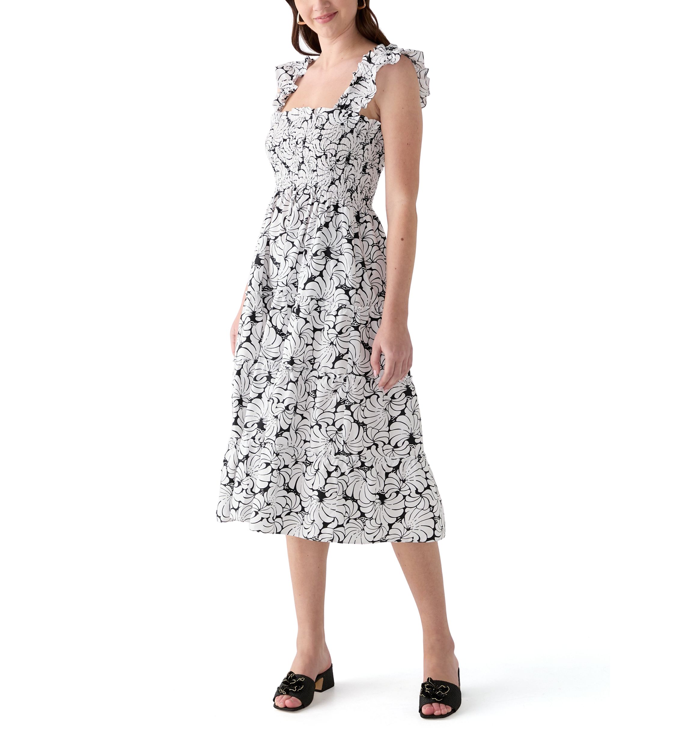 Womens Square Neck Printed Smocked Dress