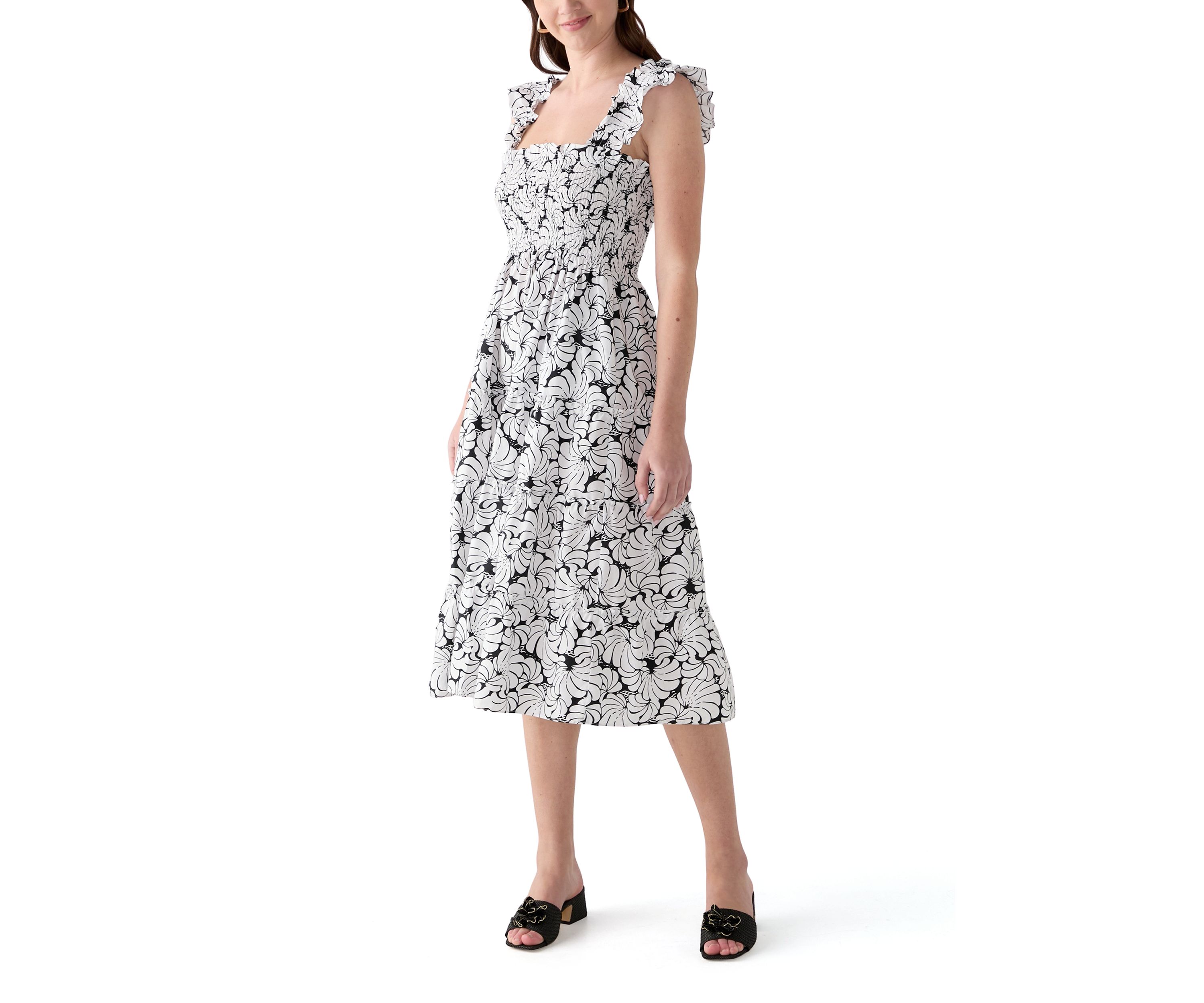 Womens Square Neck Printed Smocked Dress