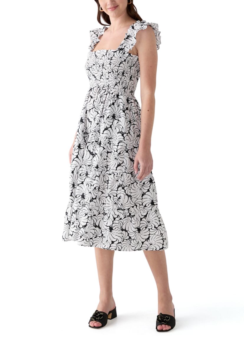 Womens Square Neck Printed Smocked Dress