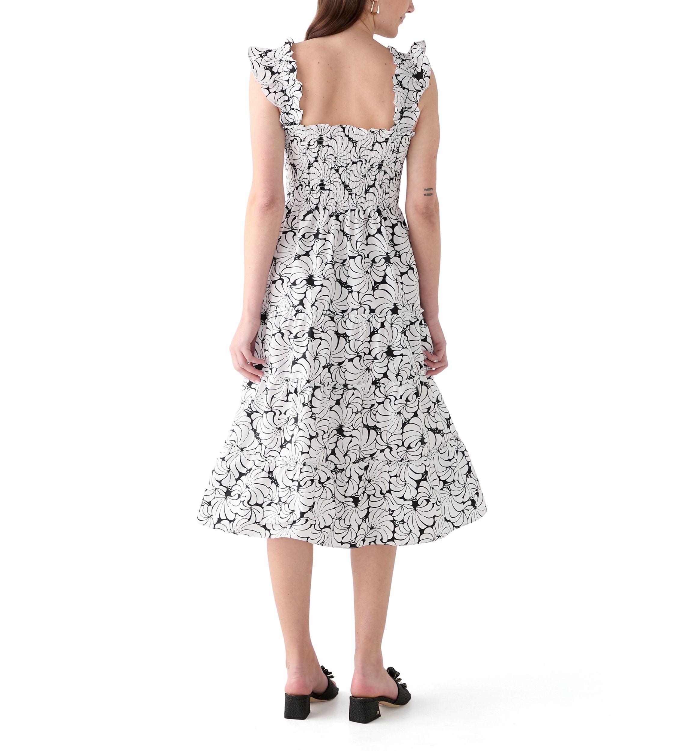Womens Square Neck Printed Smocked Dress