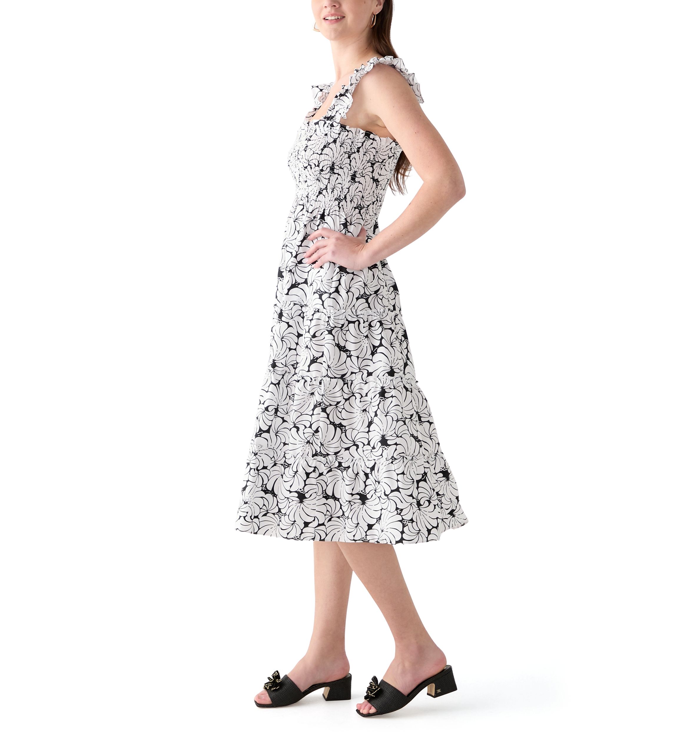 Womens Square Neck Printed Smocked Dress