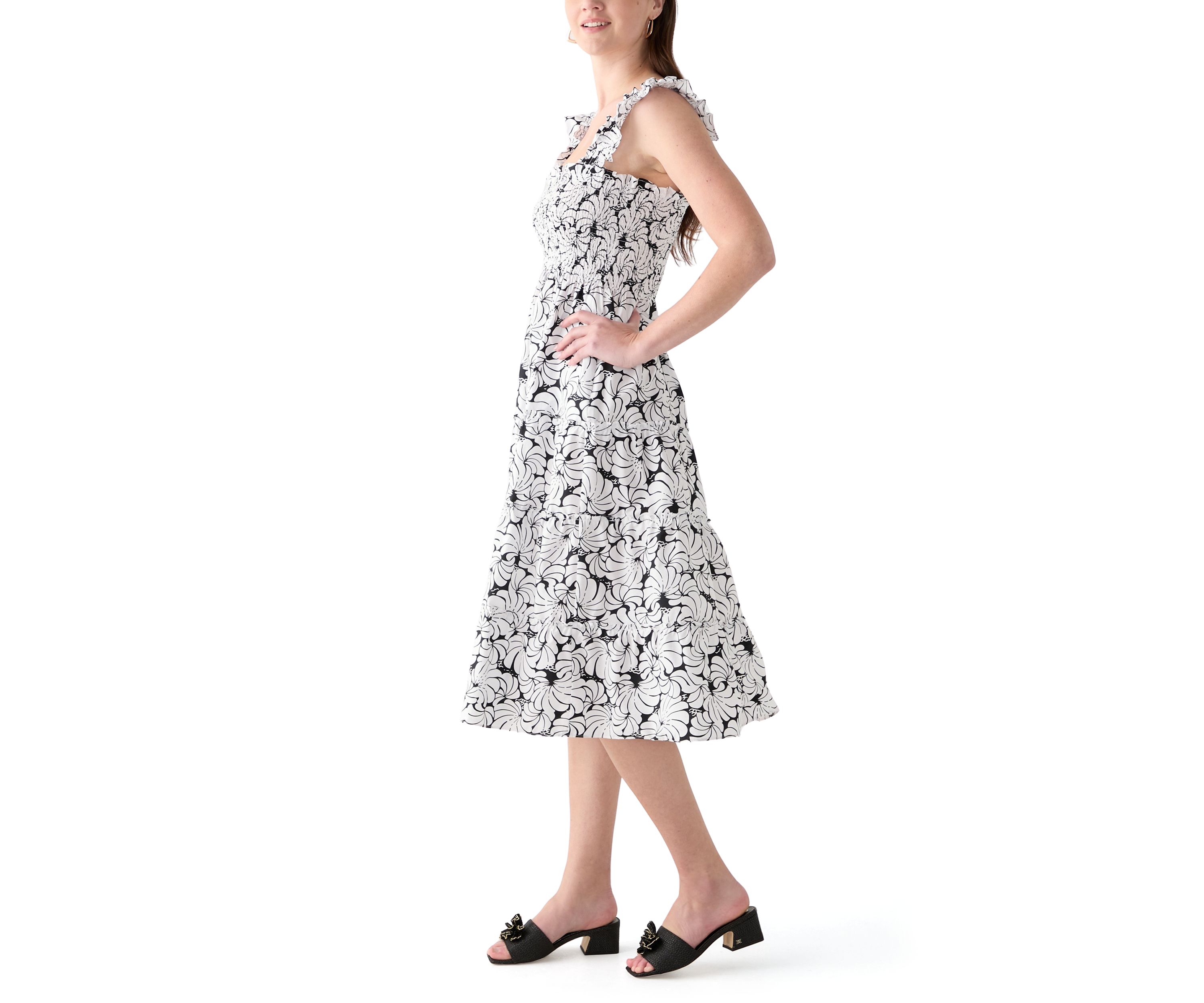 Womens Square Neck Printed Smocked Dress