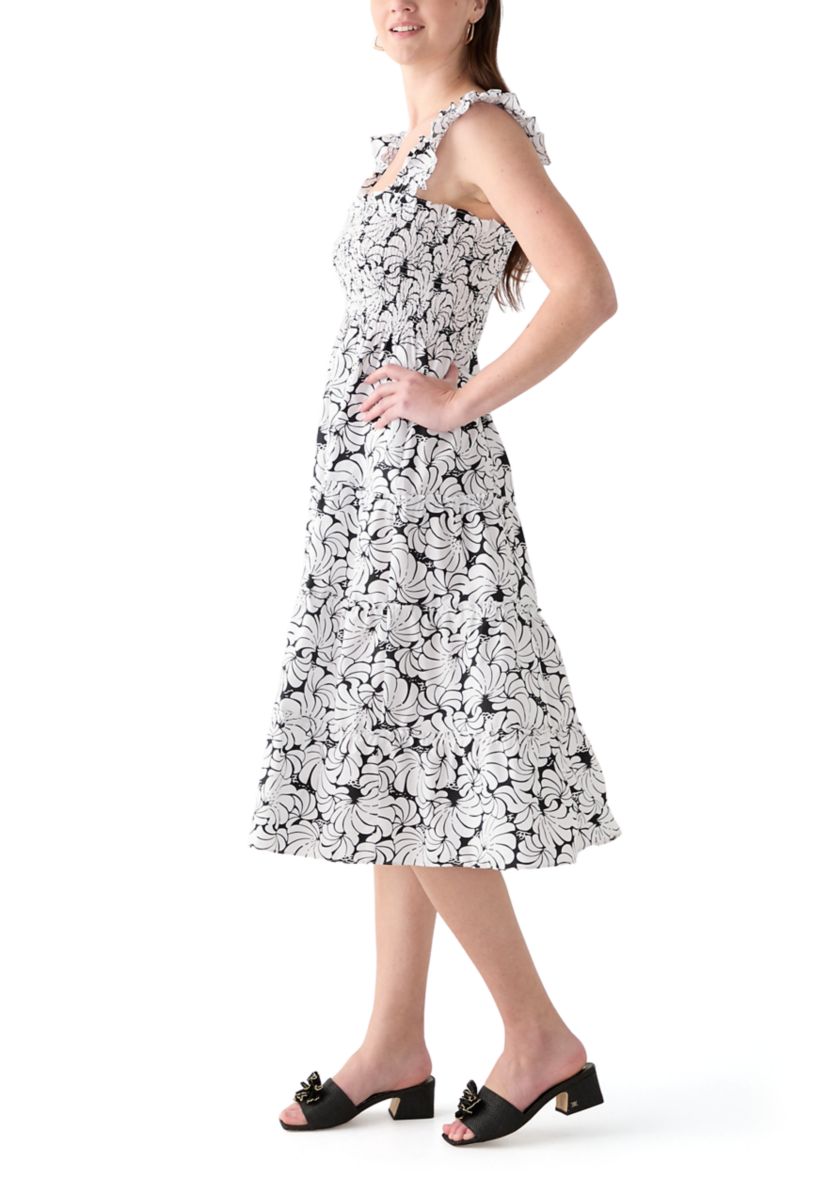 Womens Square Neck Printed Smocked Dress