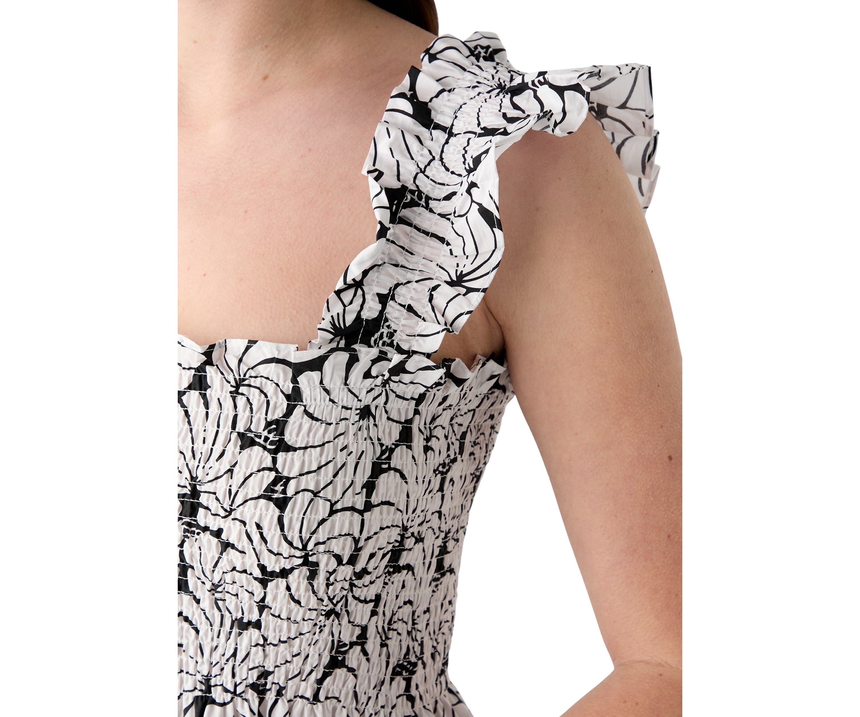Womens Square Neck Printed Smocked Dress