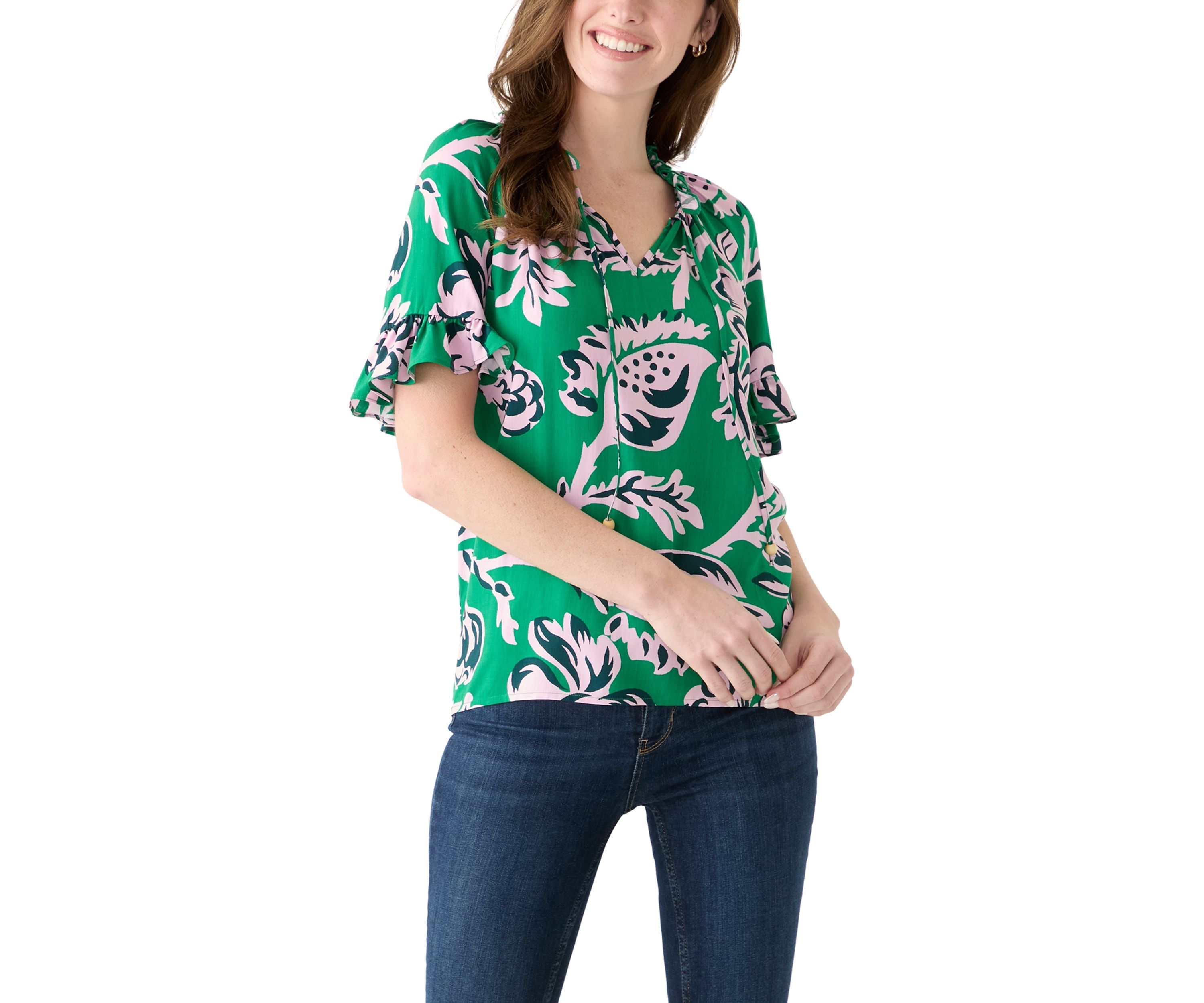 Womens Printed Tie Neck Blouse
