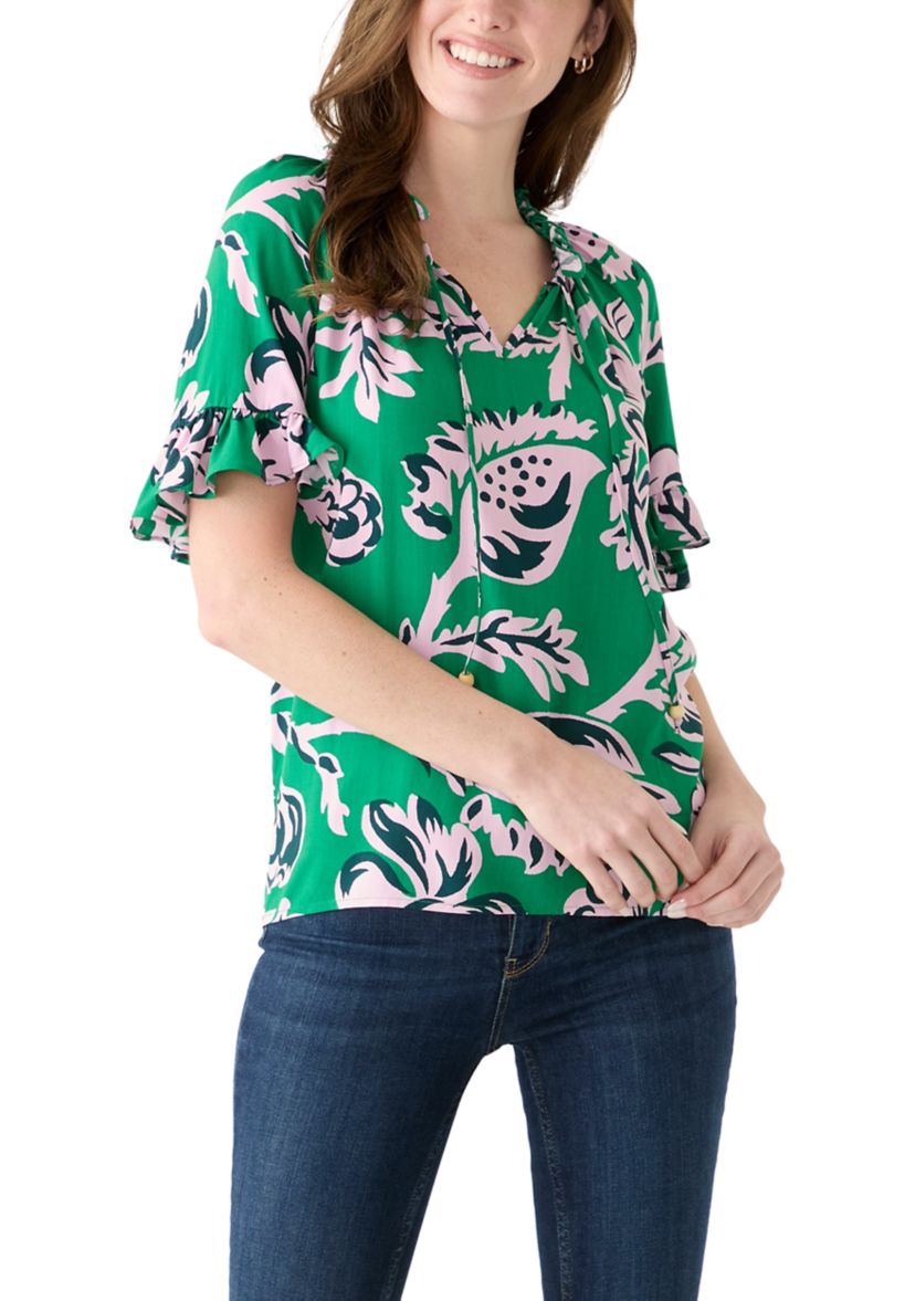 Womens Printed Tie Neck Blouse