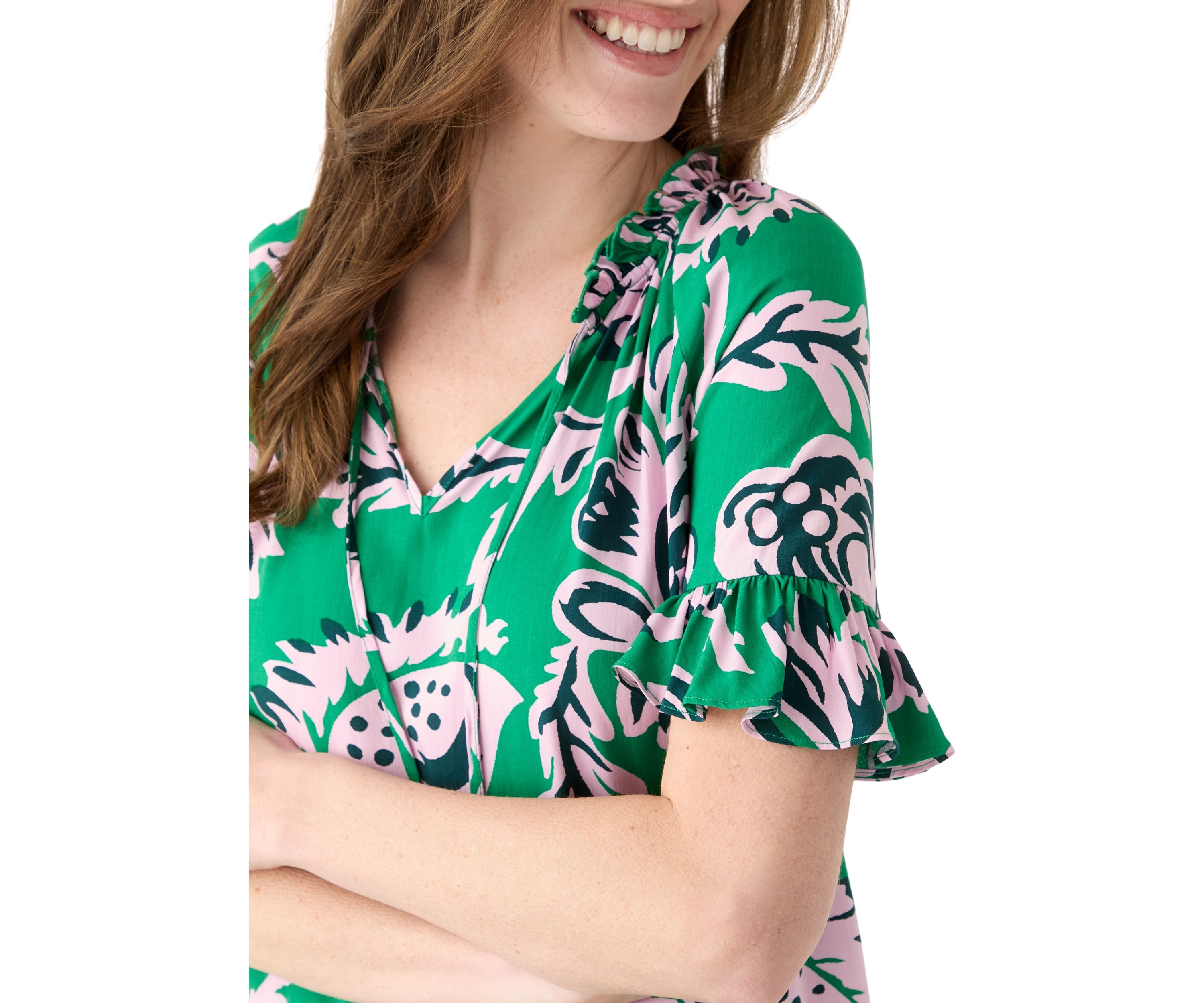Womens Printed Tie Neck Blouse