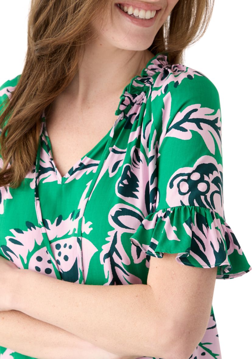 Womens Printed Tie Neck Blouse
