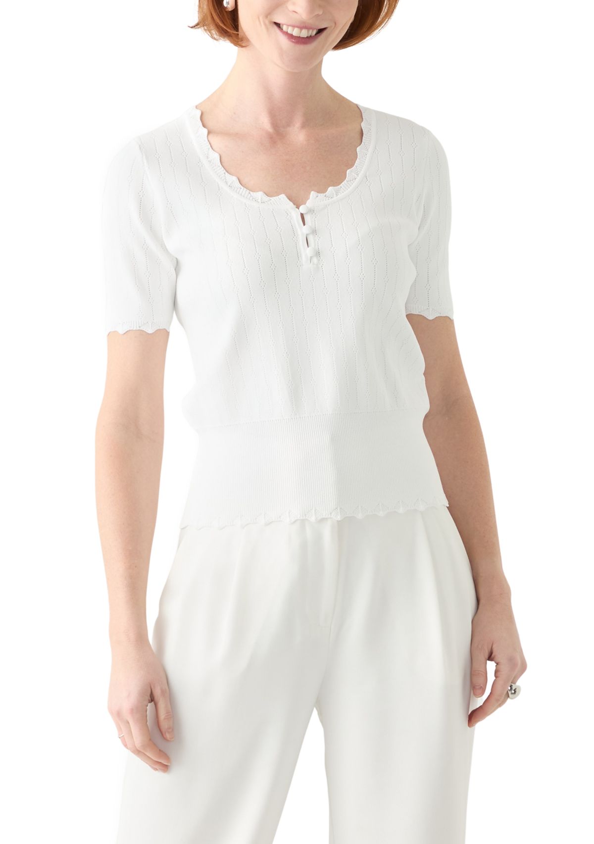 Womens Short Sleeve Pointelle Sweater