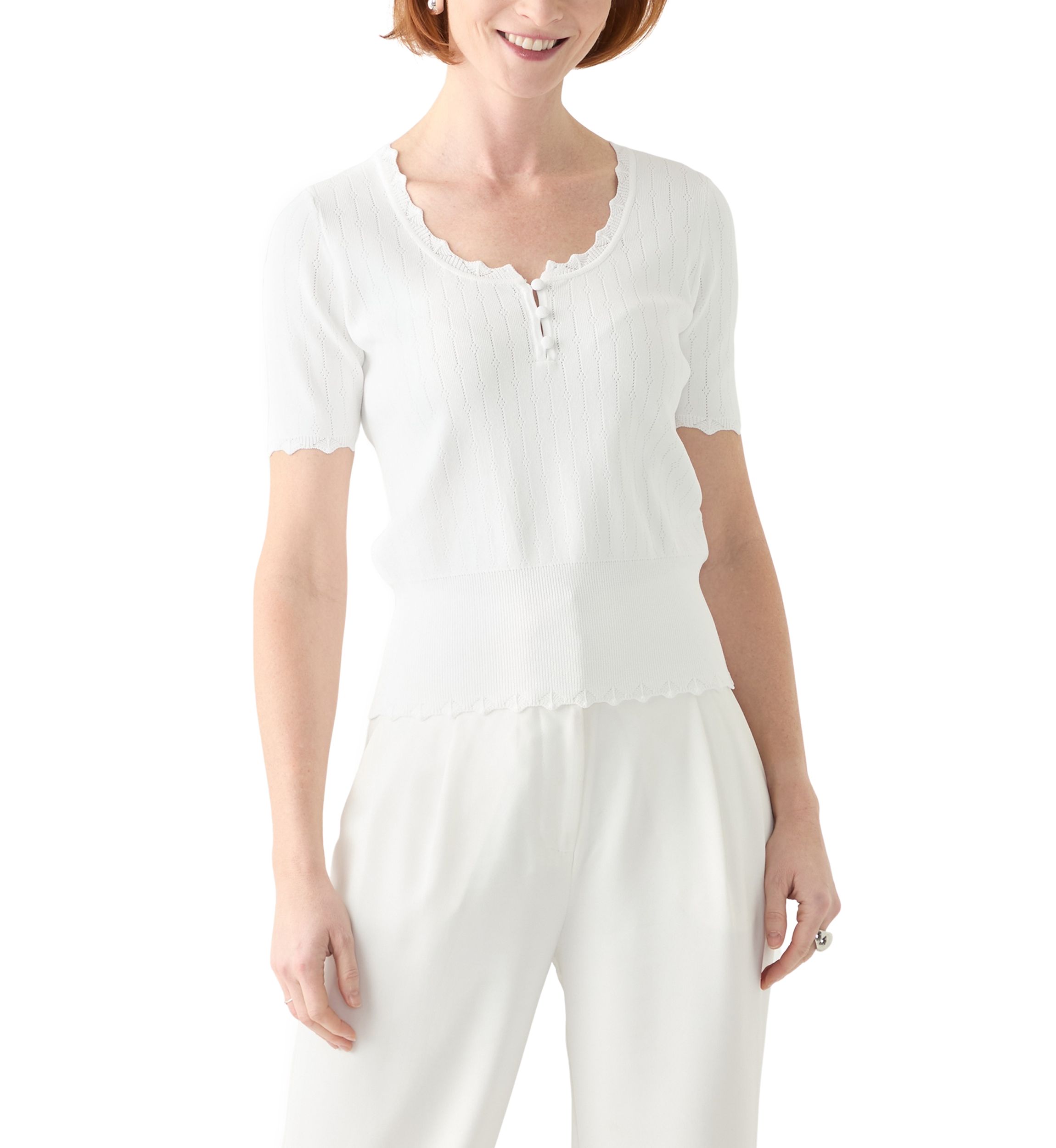 Womens Short Sleeve Pointelle Sweater