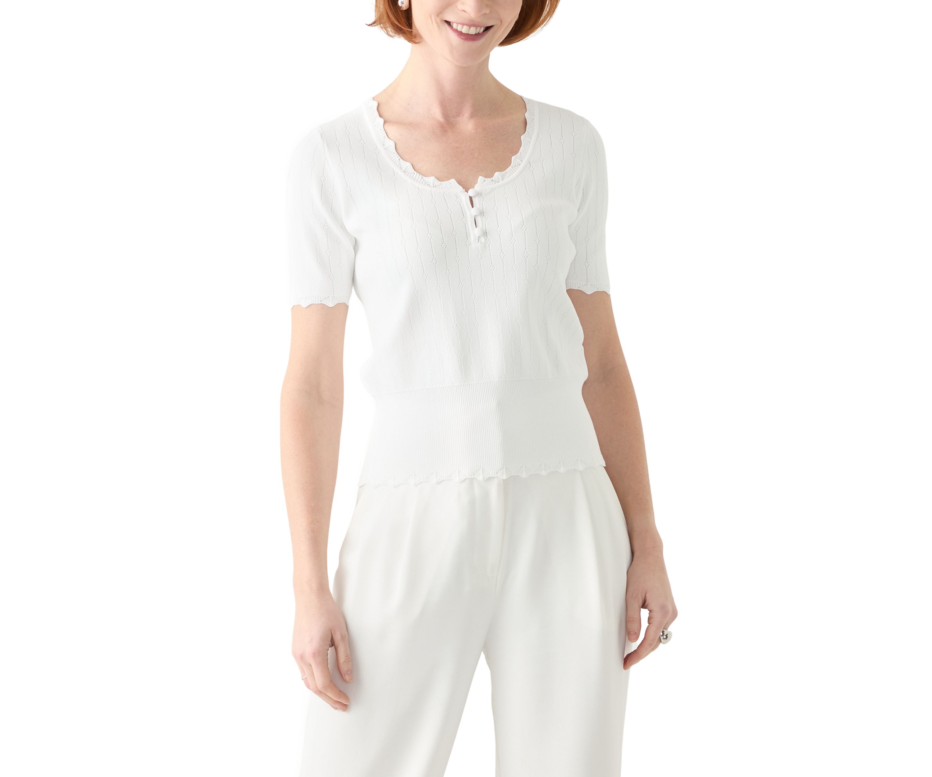 Womens Short Sleeve Pointelle Sweater