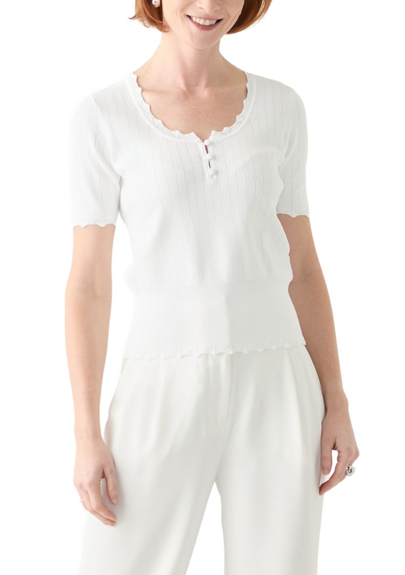 Womens Short Sleeve Pointelle Sweater