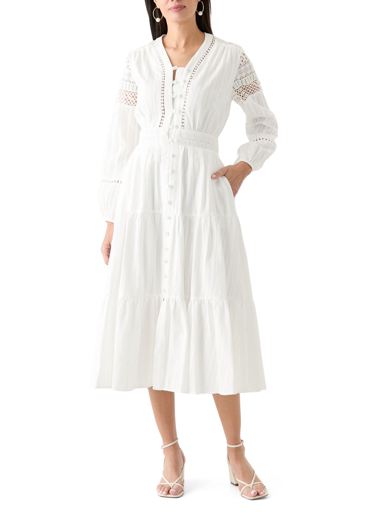 Womens Cotton V-Neck Button Front Tiered Dress