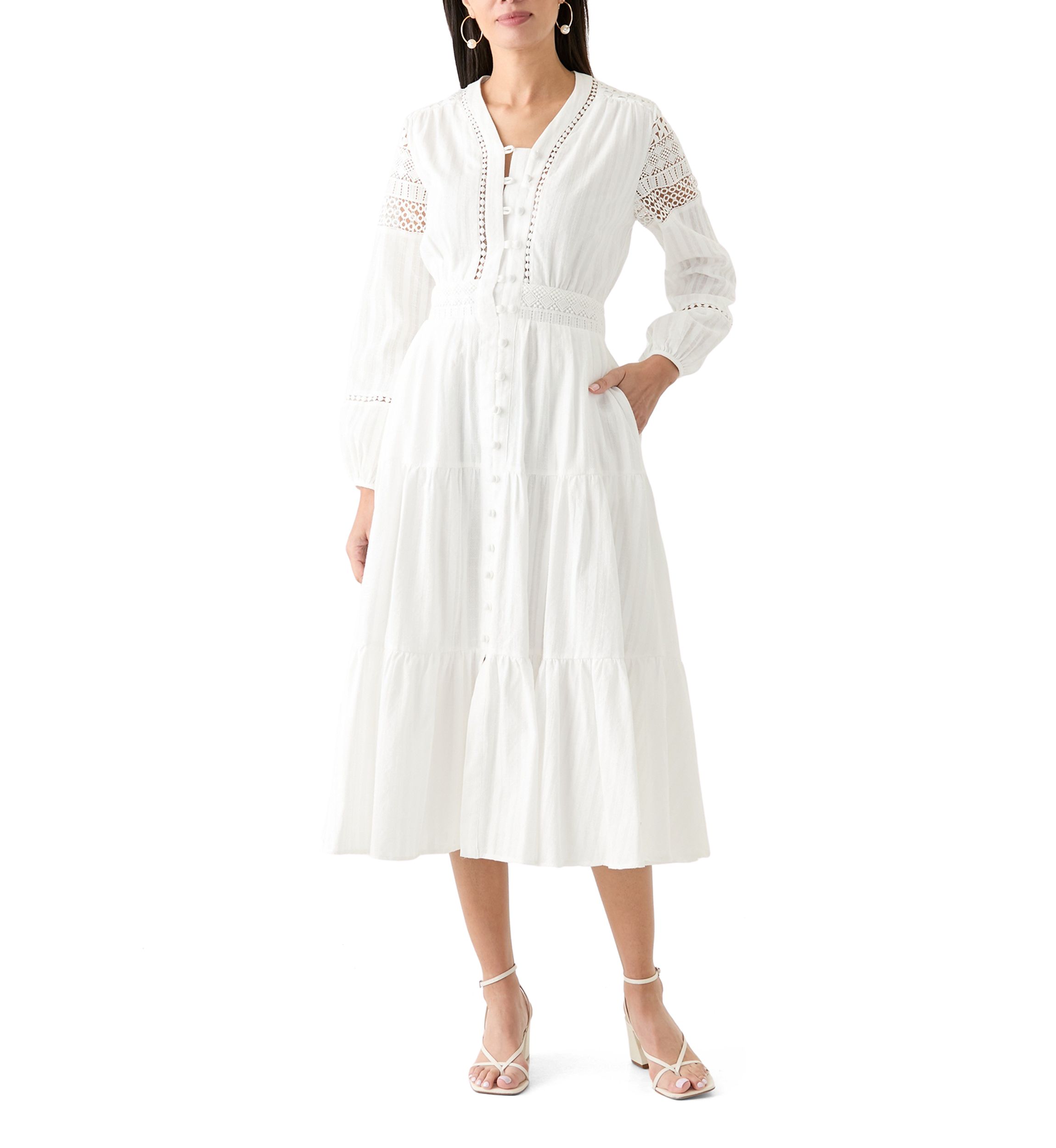 Womens Cotton V-Neck Button Front Tiered Dress