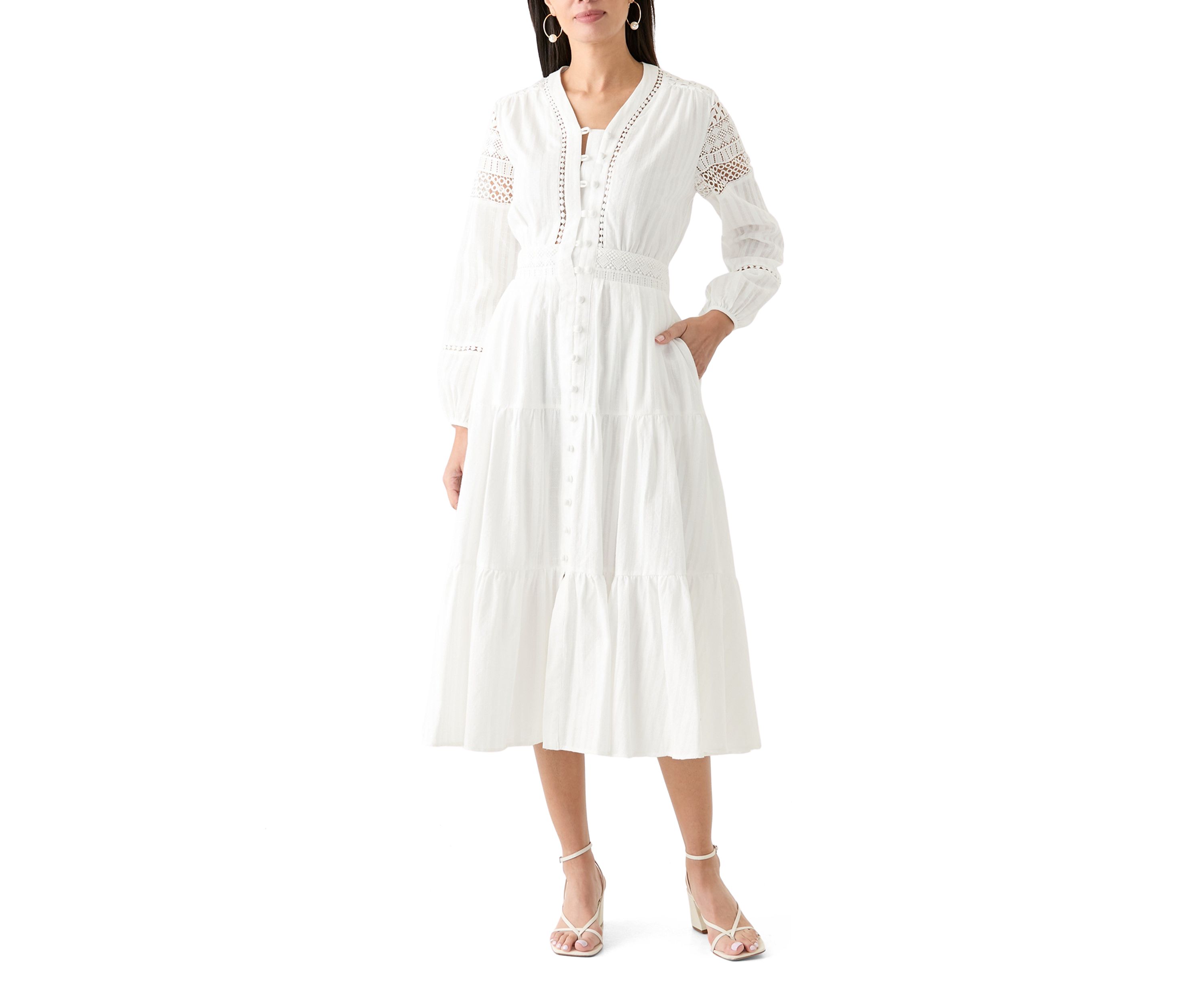 Womens Cotton V-Neck Button Front Tiered Dress
