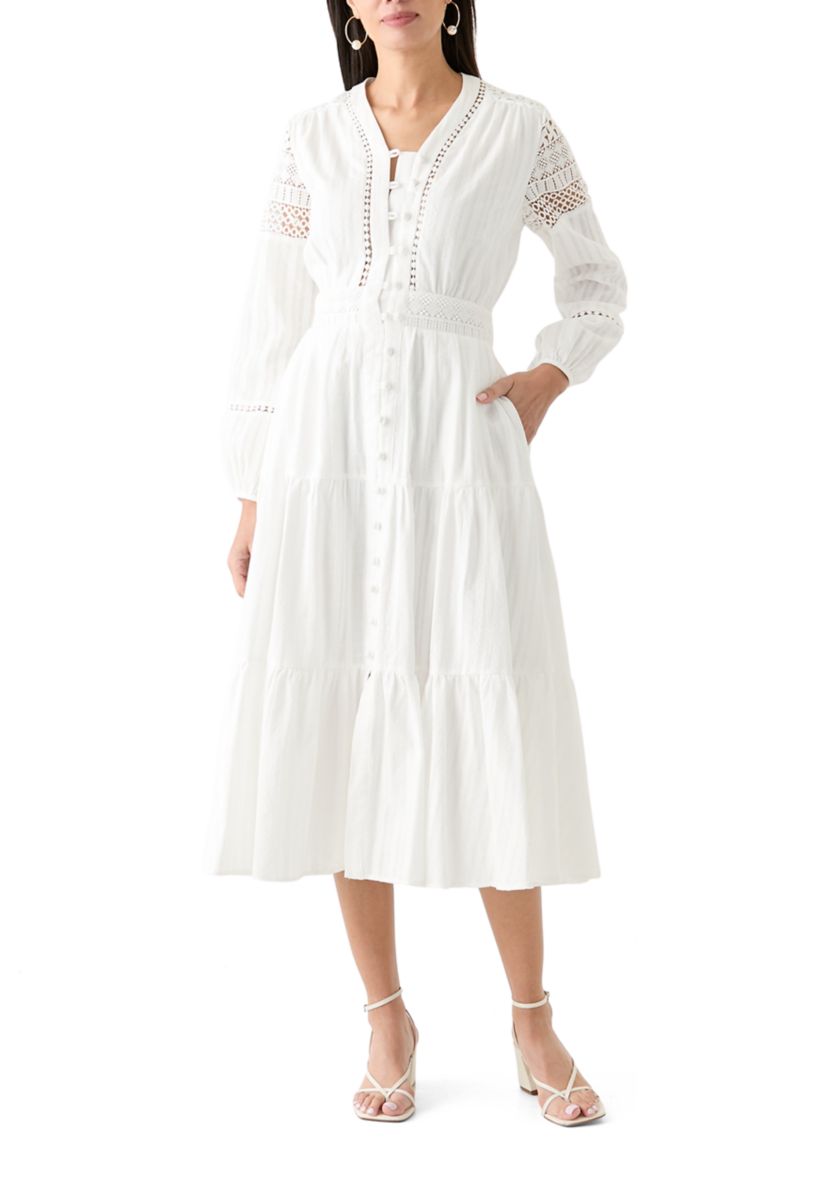 Womens Cotton V-Neck Button Front Tiered Dress