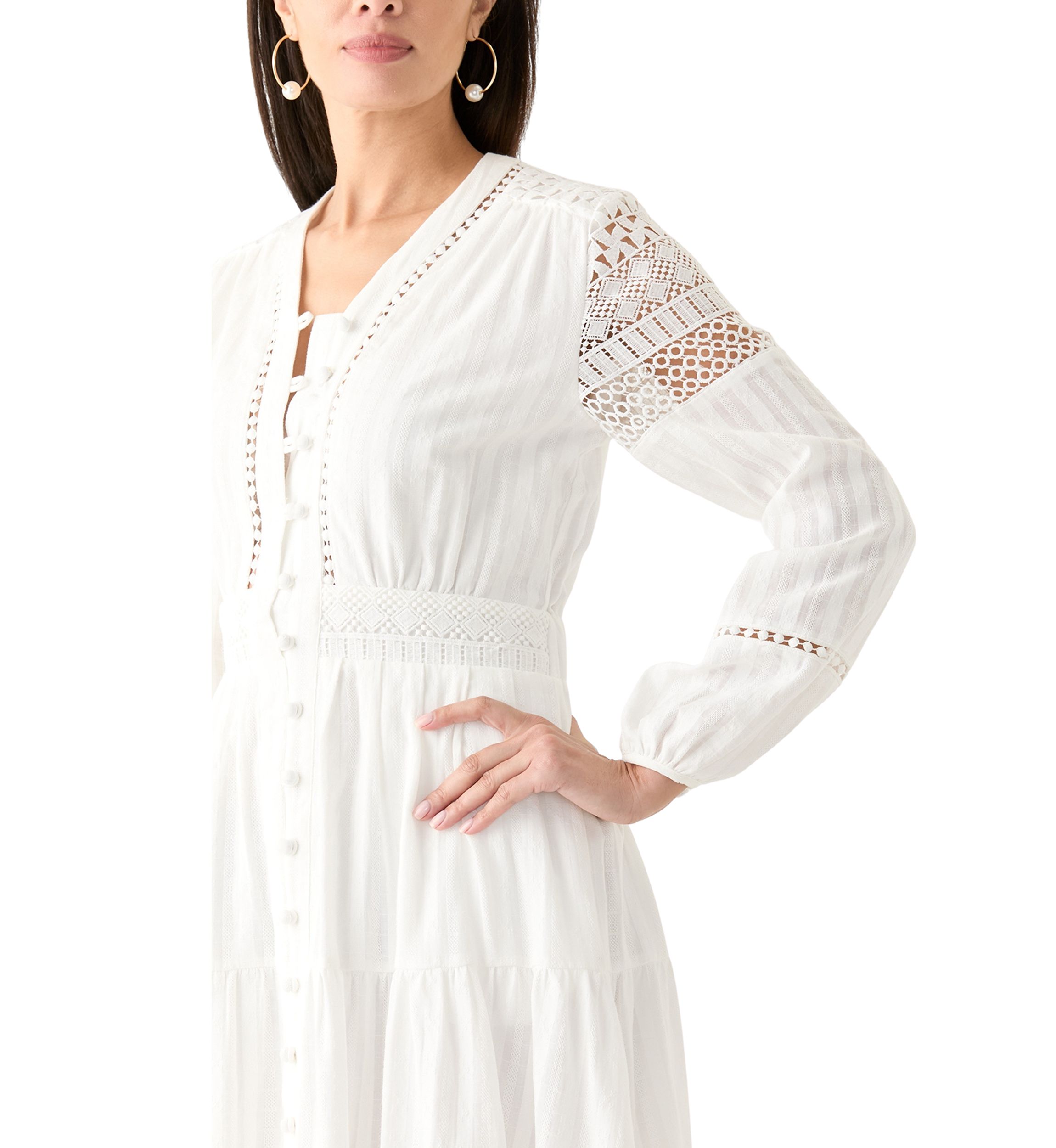 Womens Cotton V-Neck Button Front Tiered Dress