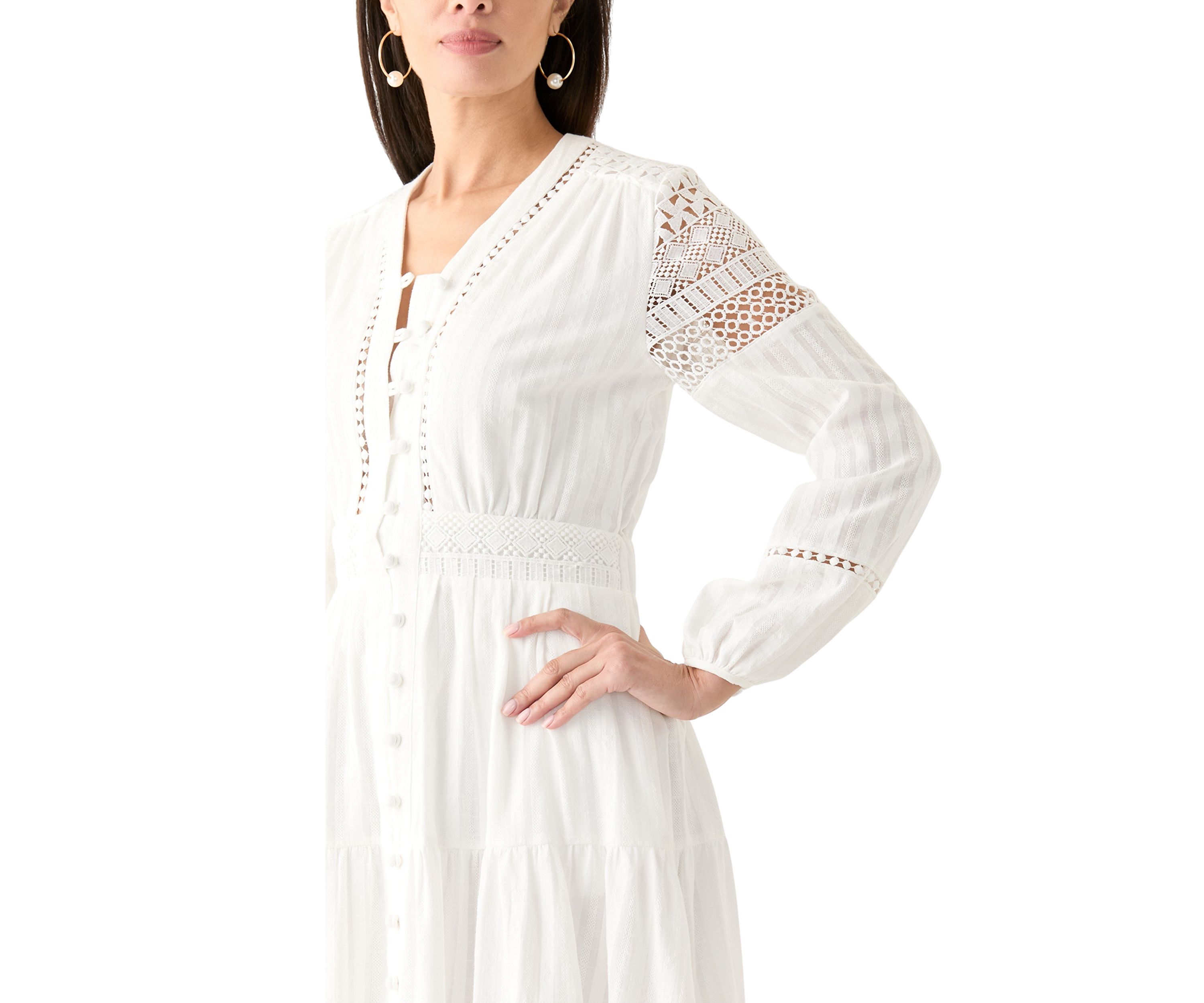 Womens Cotton V-Neck Button Front Tiered Dress