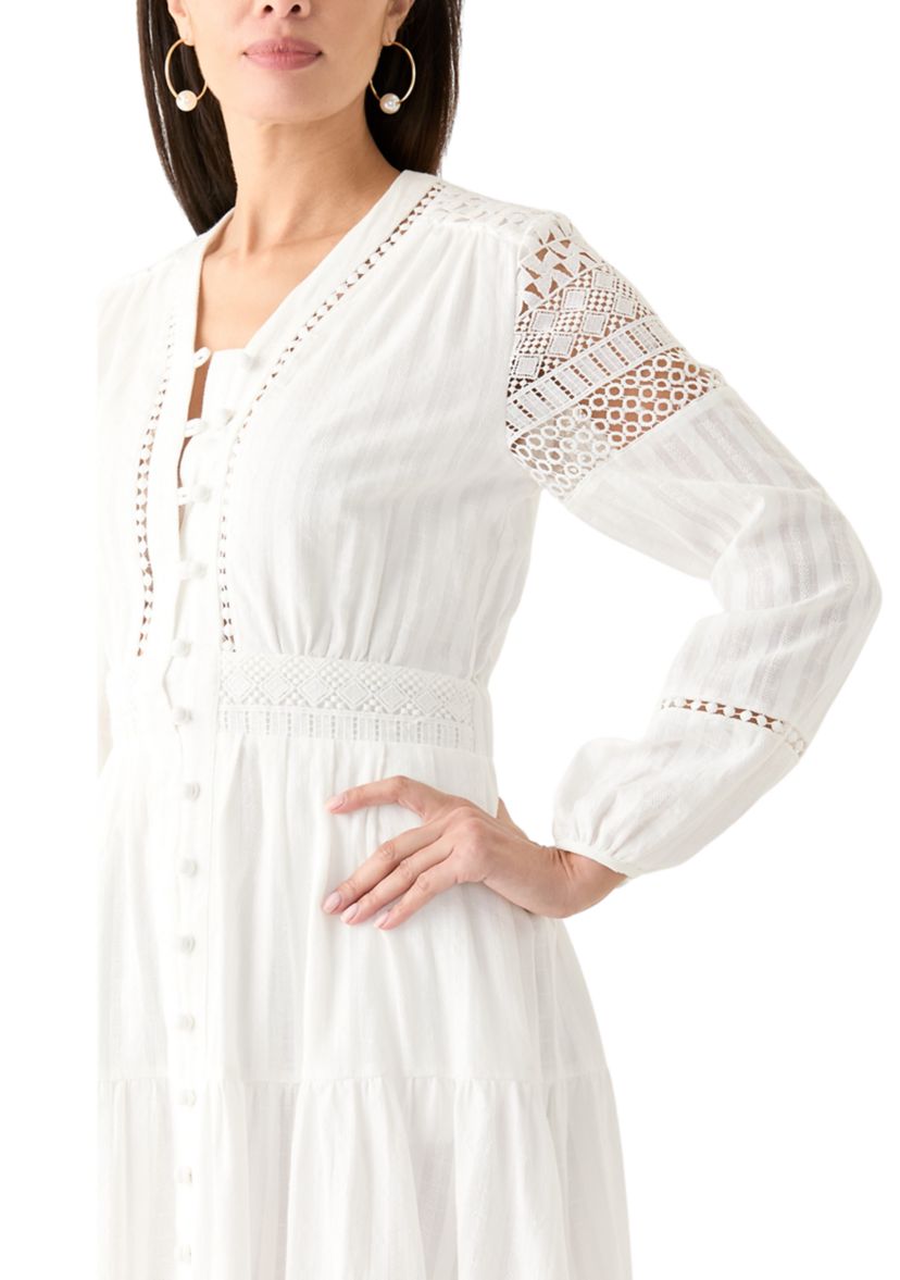 Womens Cotton V-Neck Button Front Tiered Dress