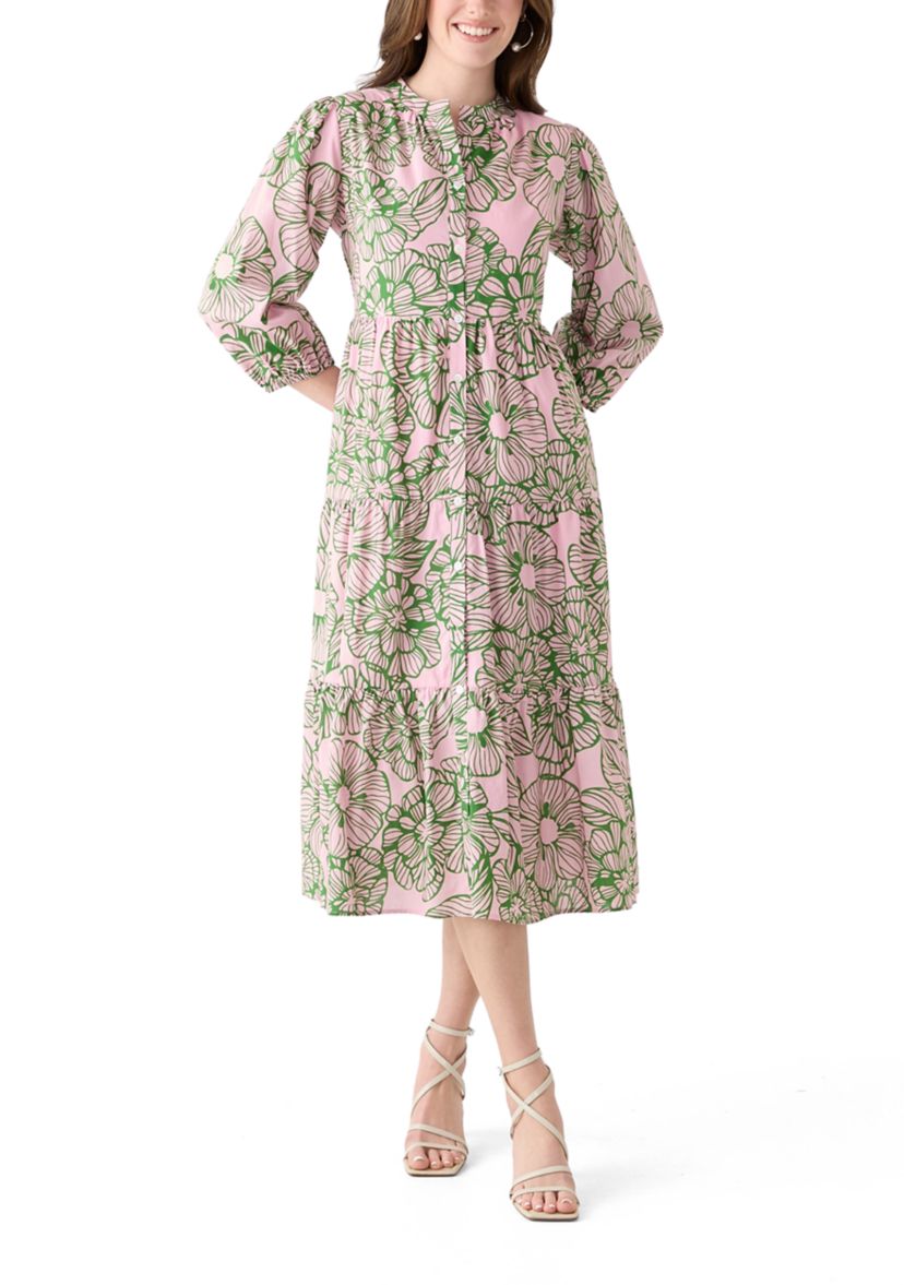 Womens 3/4 Sleeve Tiered Printed Dress