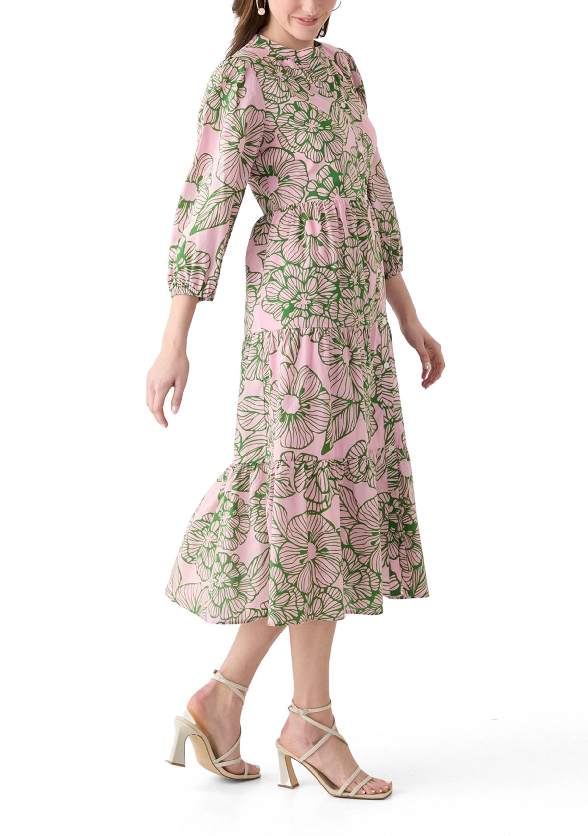 Womens 3/4 Sleeve Tiered Printed Dress