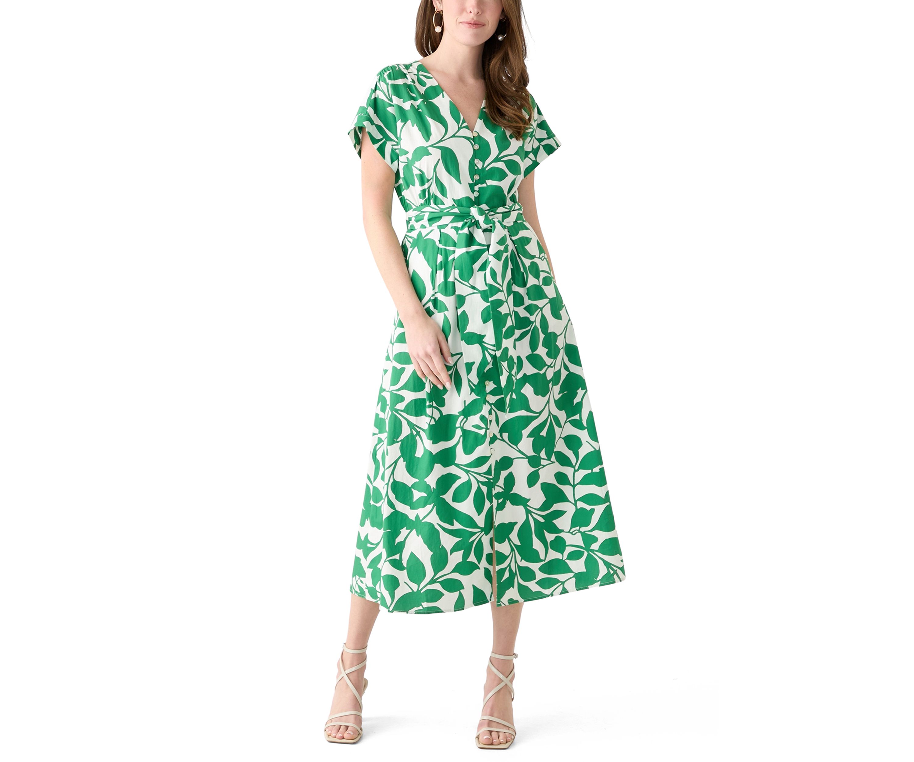 Womens Cotton V-Neck Button Front Printed Dress