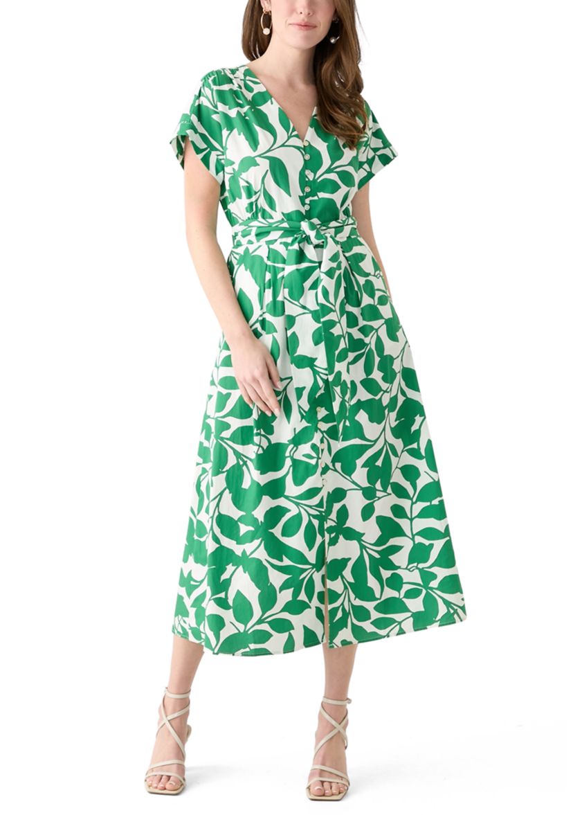 Womens Cotton V-Neck Button Front Printed Dress