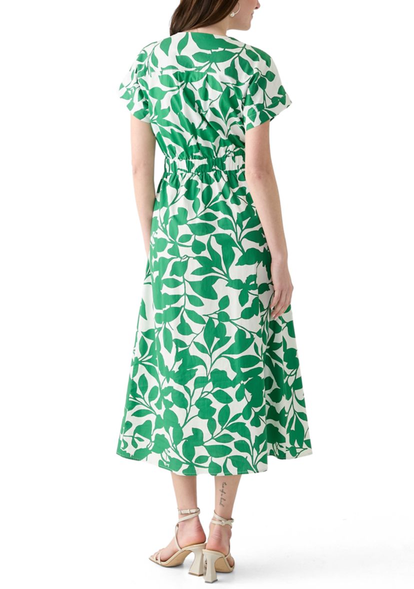 Womens Cotton V-Neck Button Front Printed Dress