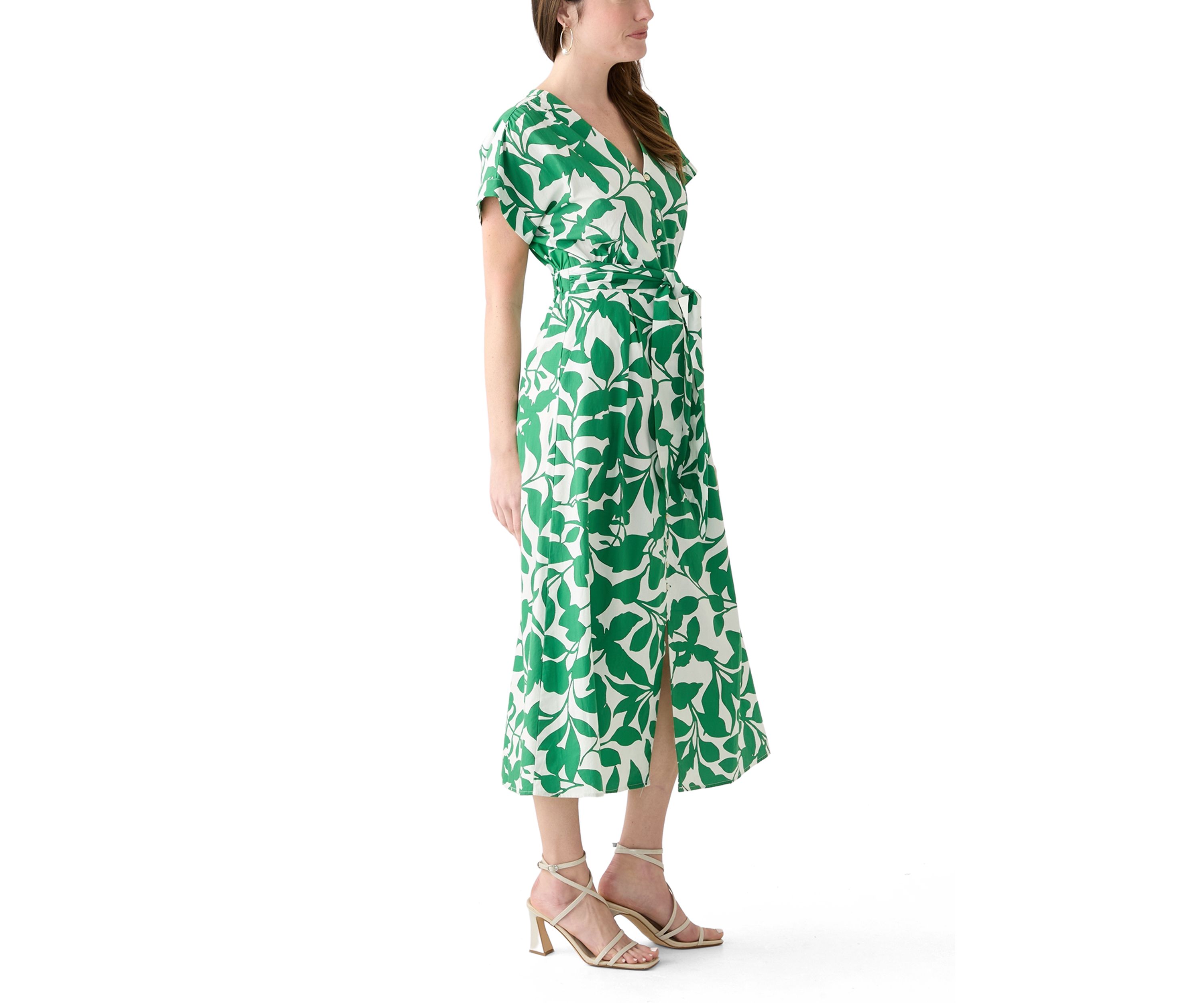 Womens Cotton V-Neck Button Front Printed Dress