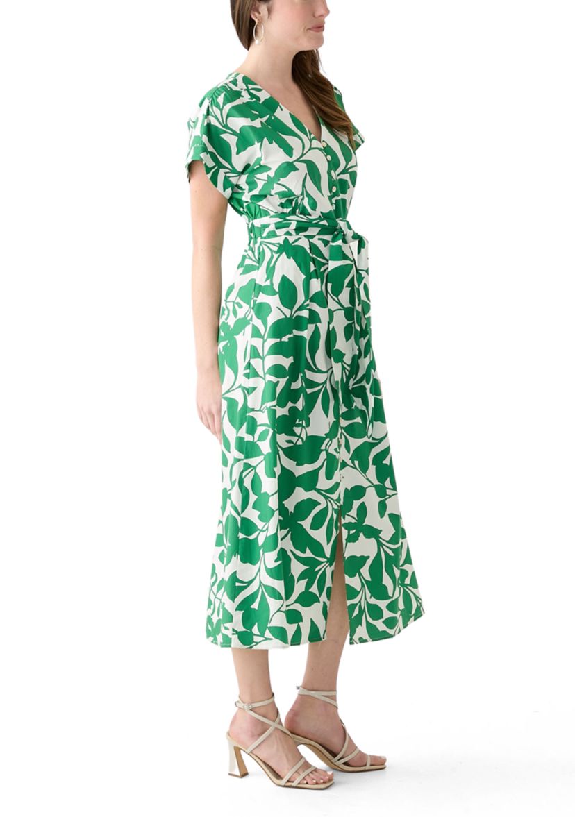 Womens Cotton V-Neck Button Front Printed Dress